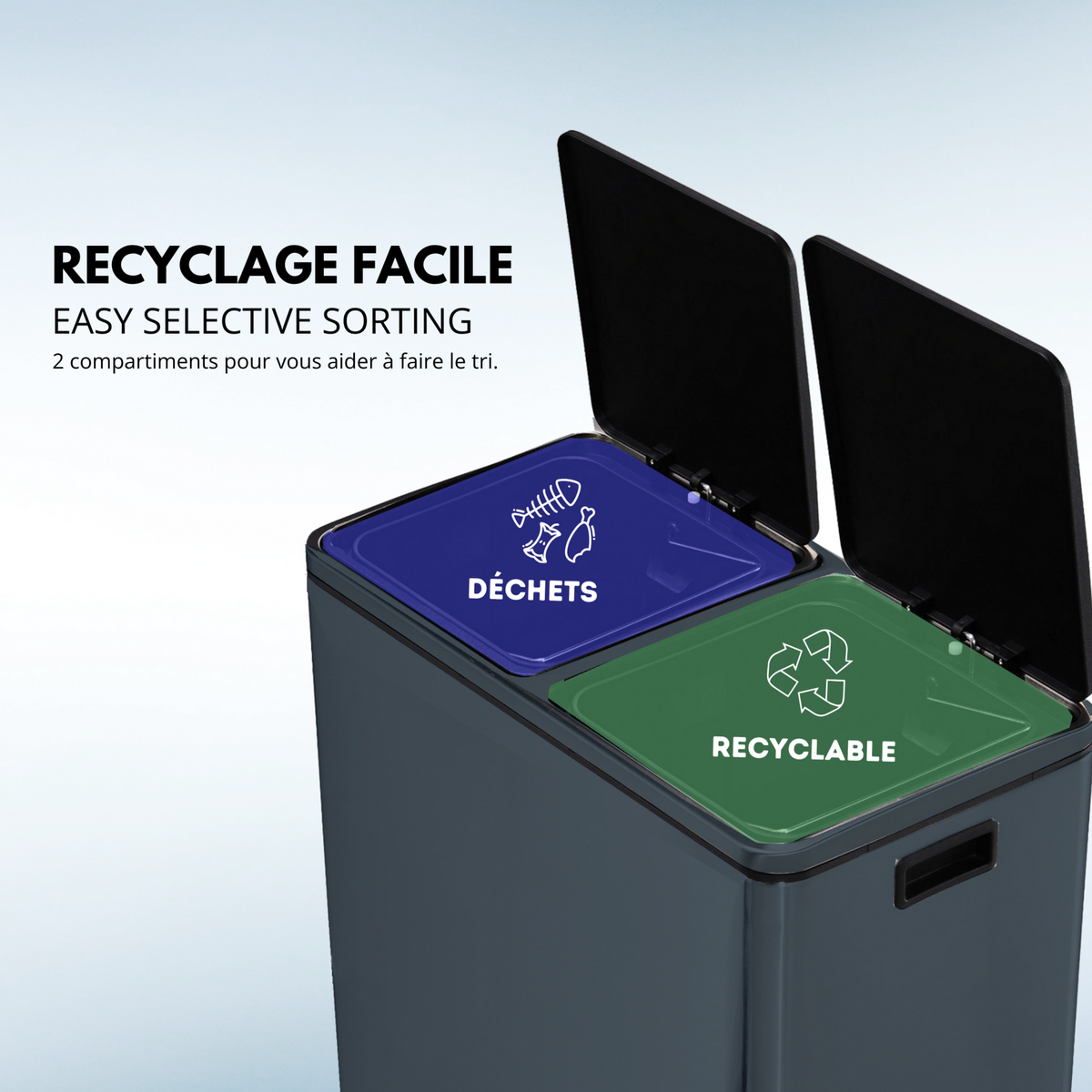 Kitchen move Poubelle de cuisine tri sélectif MAJOR Gris Acier inoxydable 60L