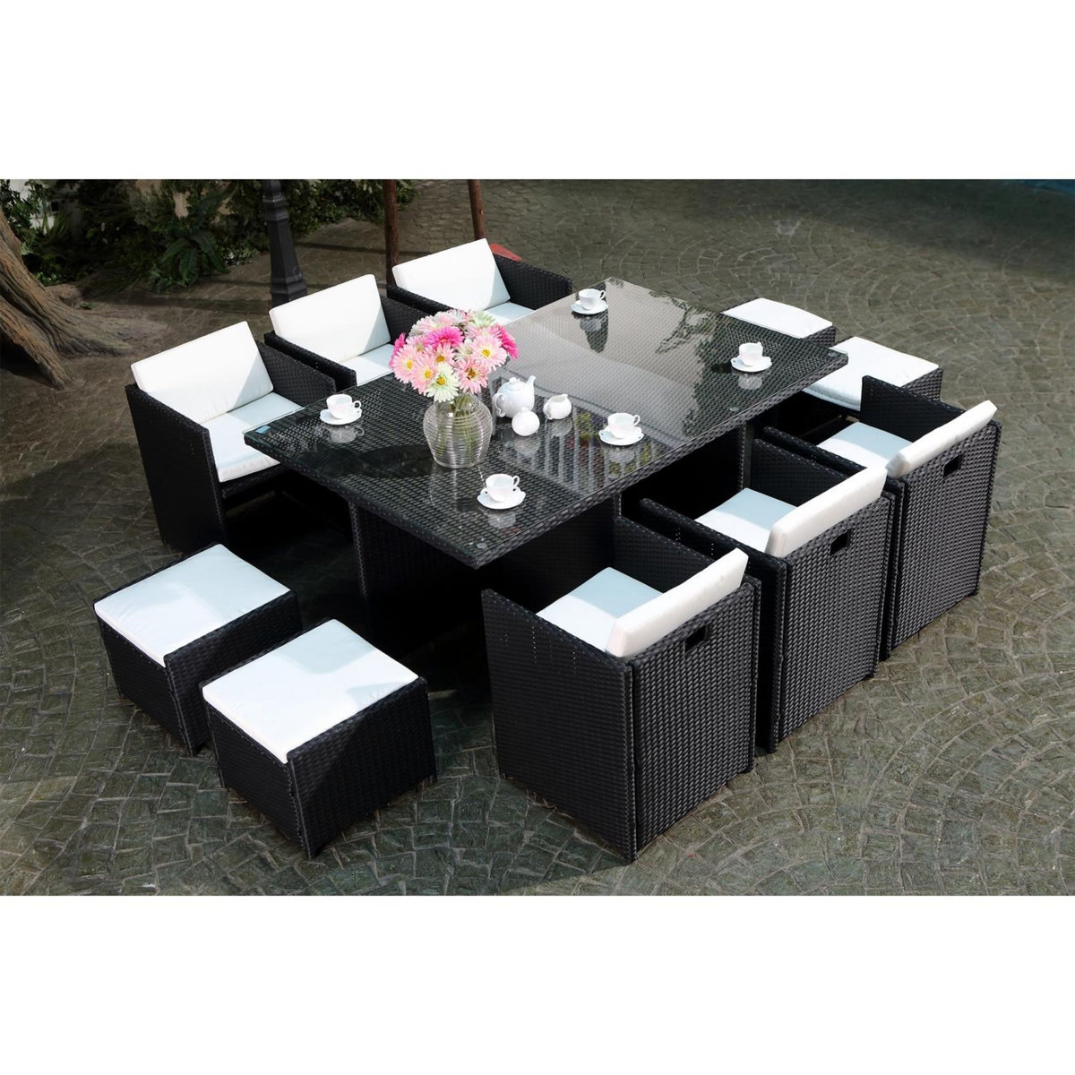 CONCEPT USINE MIAMI - Salon de jardin 10 places noir-blanc + housse de protection MIAMI