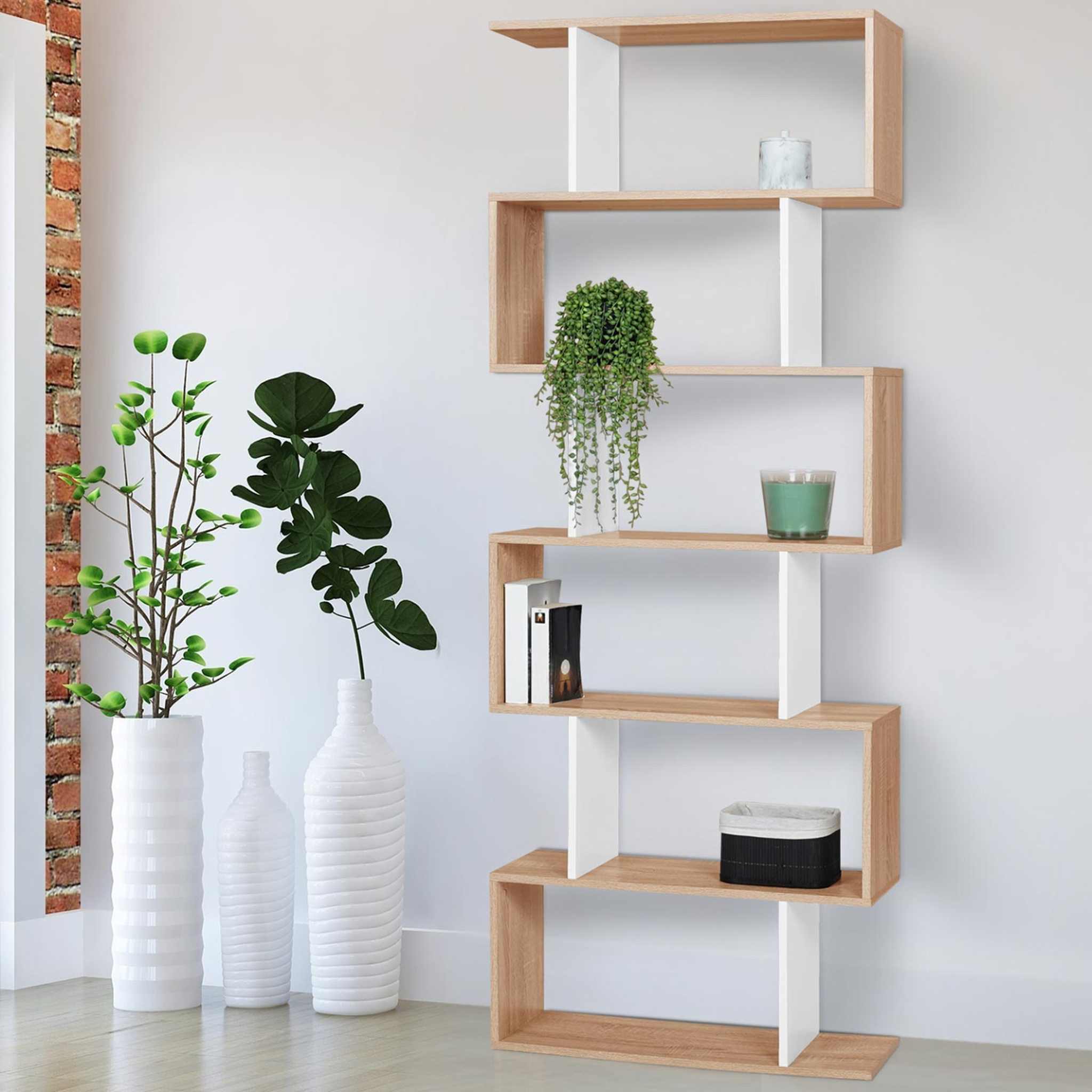 Voir la diapositive 2 : ID MARKET Etagère bibliothèque sofia forme s façon hêtre et blanc 189 cm