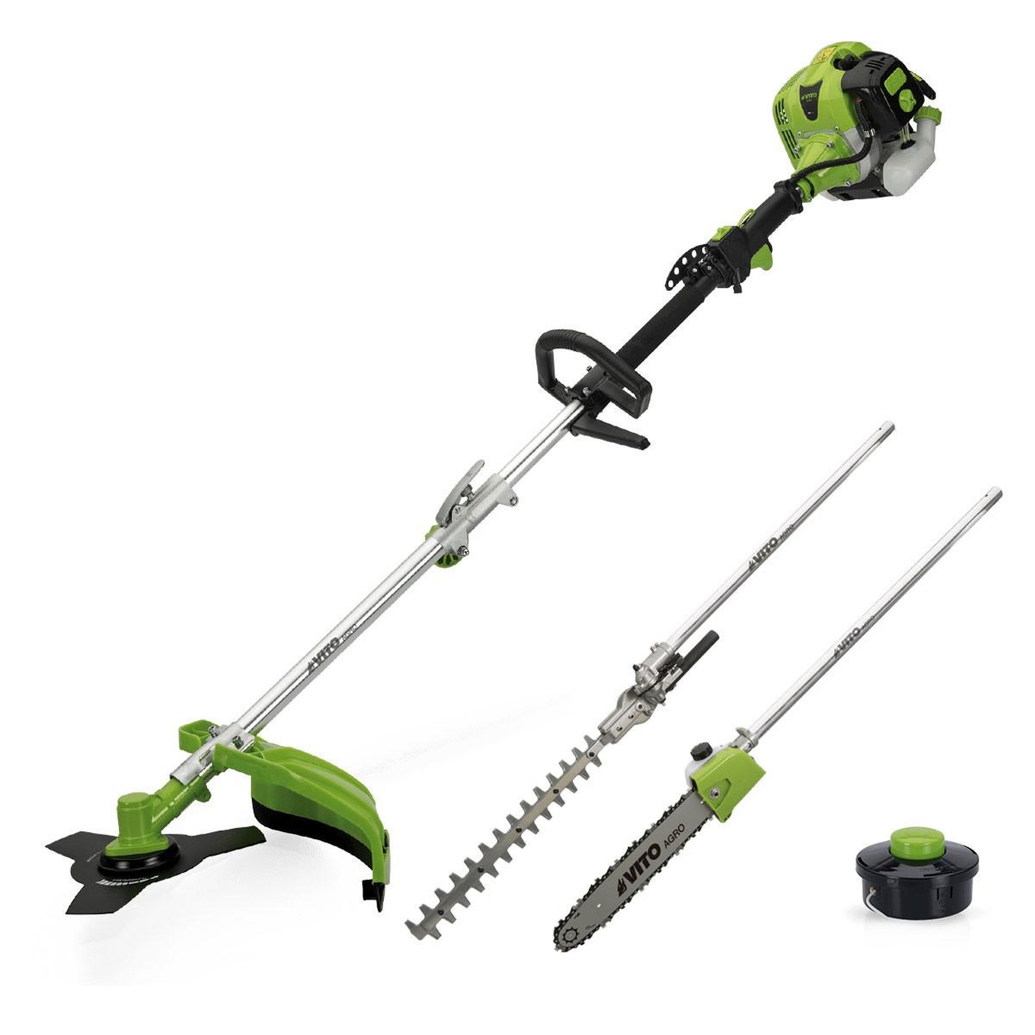 Voir la diapositive 1 : VITO Débroussailleuse thermique  33 cm³ 4 outils en 1 Moteur 2T Coupe bordures Taille haies Tronçonneuse VITO