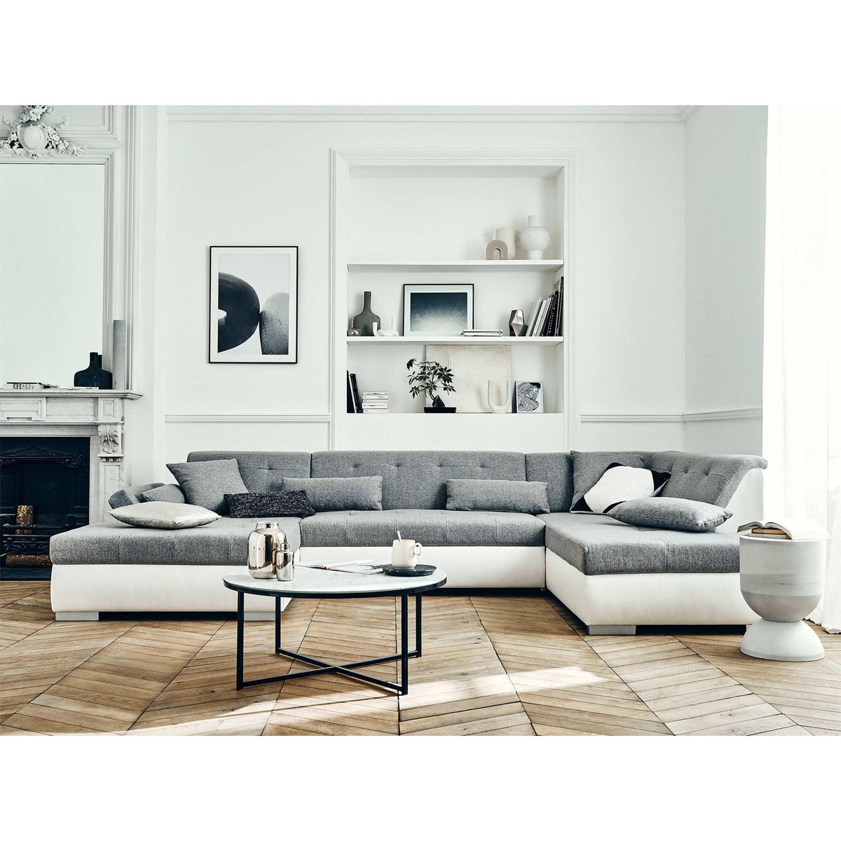 LISA DESIGN Vermont - canapé panoramique d'angle droit - 7 places - convertible - en simili et tissu