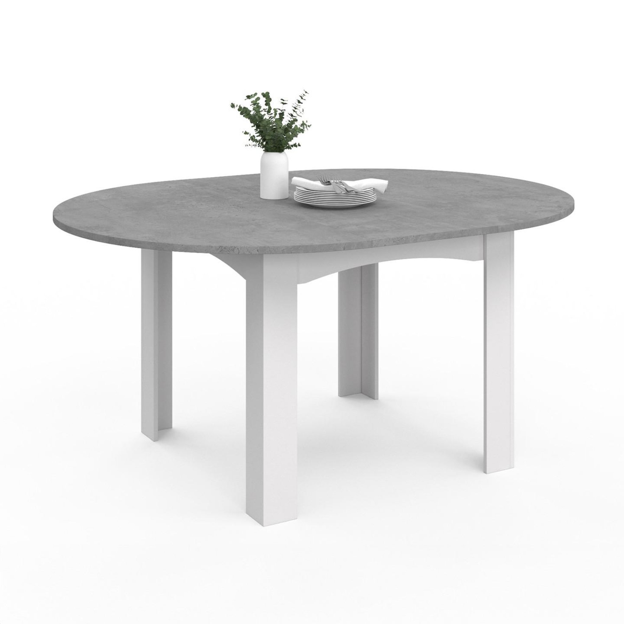 ID MARKET Table à manger extensible ronde dona 4-8 personnes blanc plateau effet béton 110-150 cm