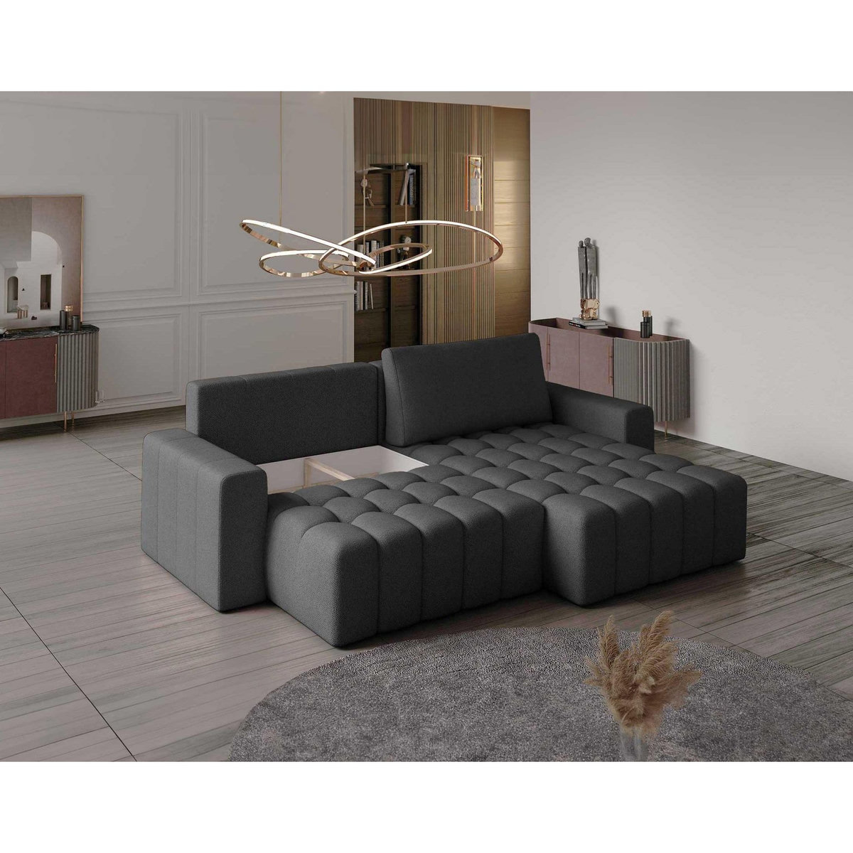 BEST MOBILIER Cordova - canapé d'angle droit 4 places convertible avec coffre en velours