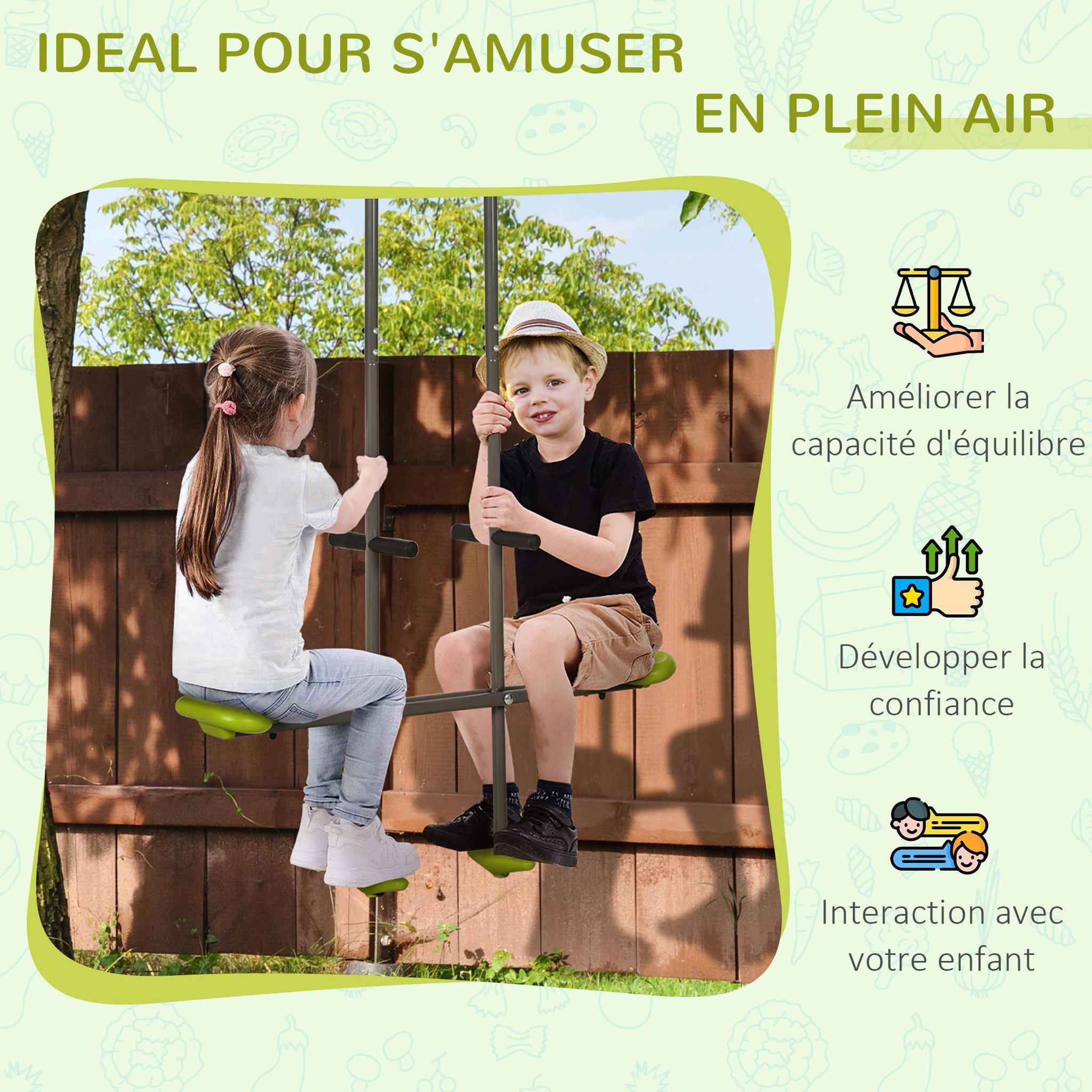 Voir la diapositive 4 : OUTSUNNY Balançoire agrès face à face enfant 3 à 6 ans - selles larges, guidon, repose-pied - gris vert