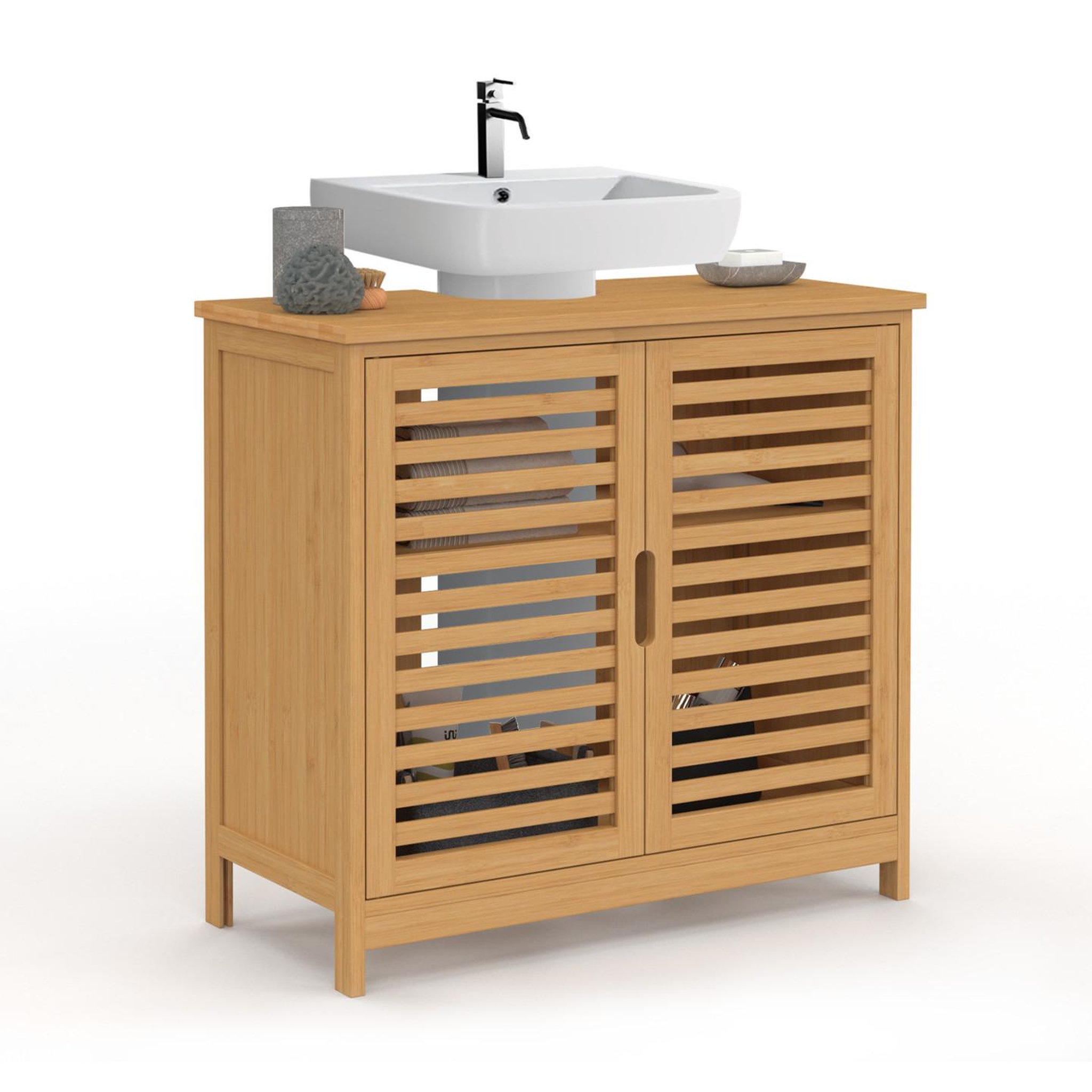 Voir la diapositive 1 : ID MARKET Meuble sous lavabo salle de bain bambou BEA