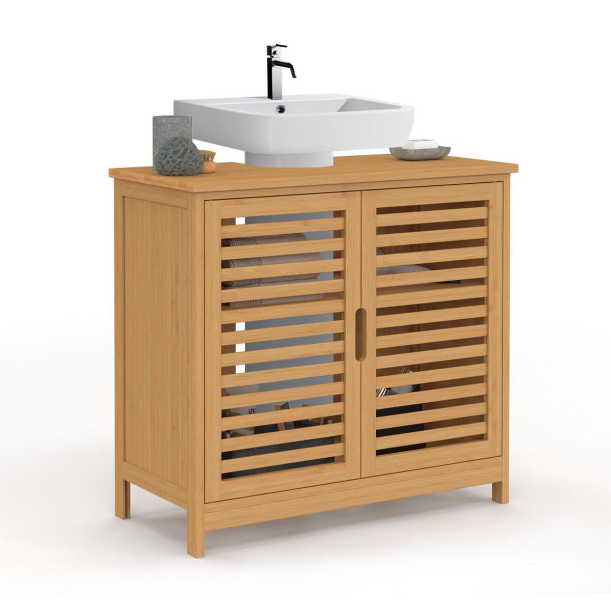 ID MARKET Meuble sous lavabo salle de bain bambou BEA
