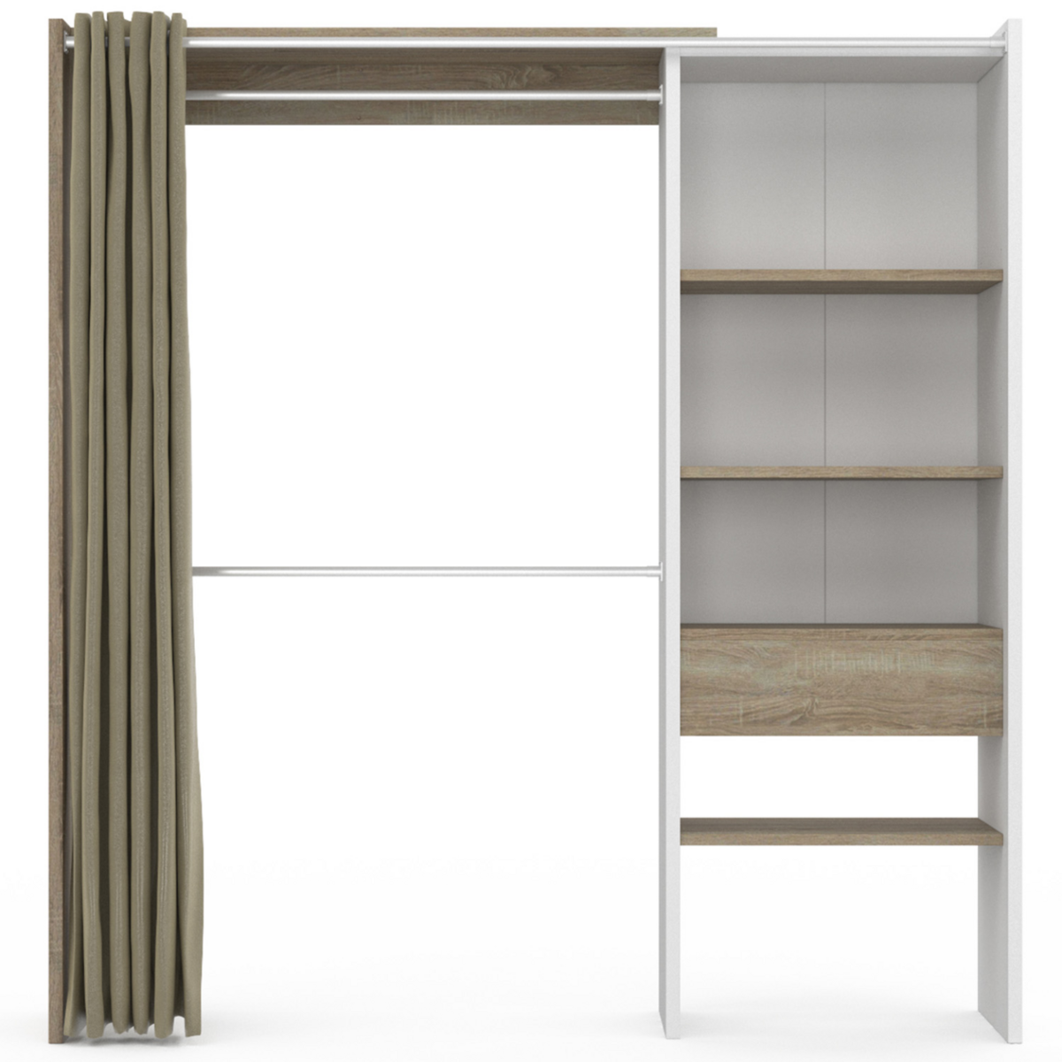 ID MARKET Dressing extensible MARTY 120/170 x 50 x 180 cm blanc avec étagères hêtre + double penderie + rideau taupe