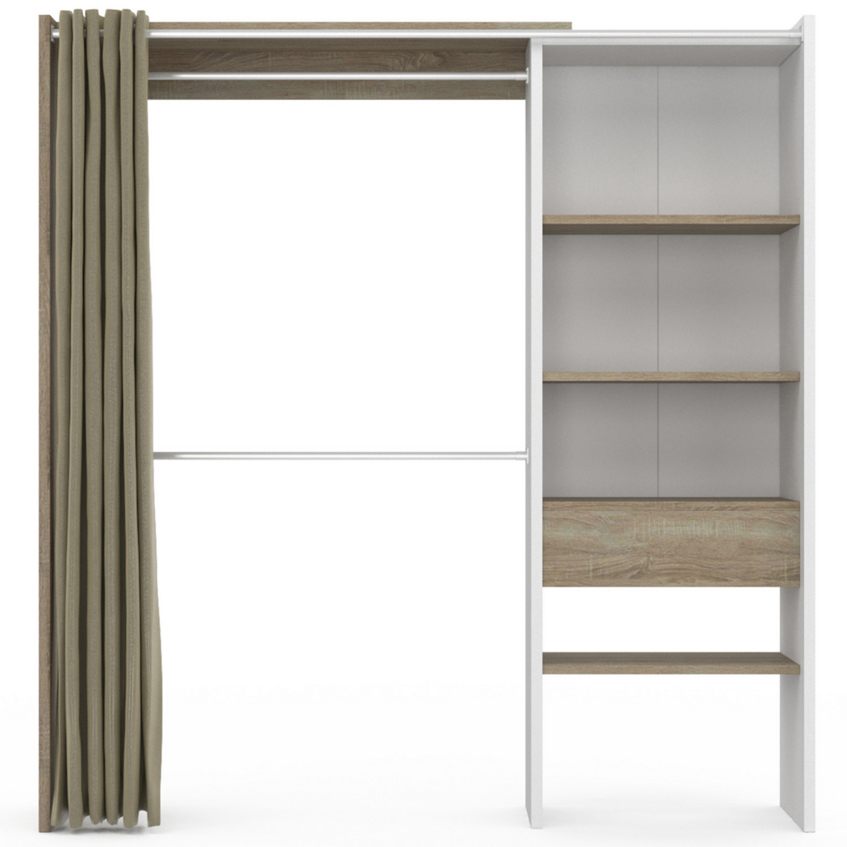 ID MARKET Dressing extensible MARTY 120/170 x 50 x 180 cm blanc avec étagères hêtre + double penderie + rideau taupe