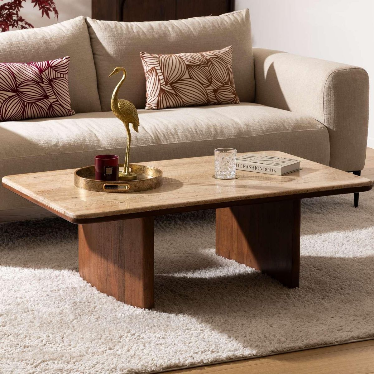 ATMOSPHERA Table basse en acacia et travertin JIVAN - Marron