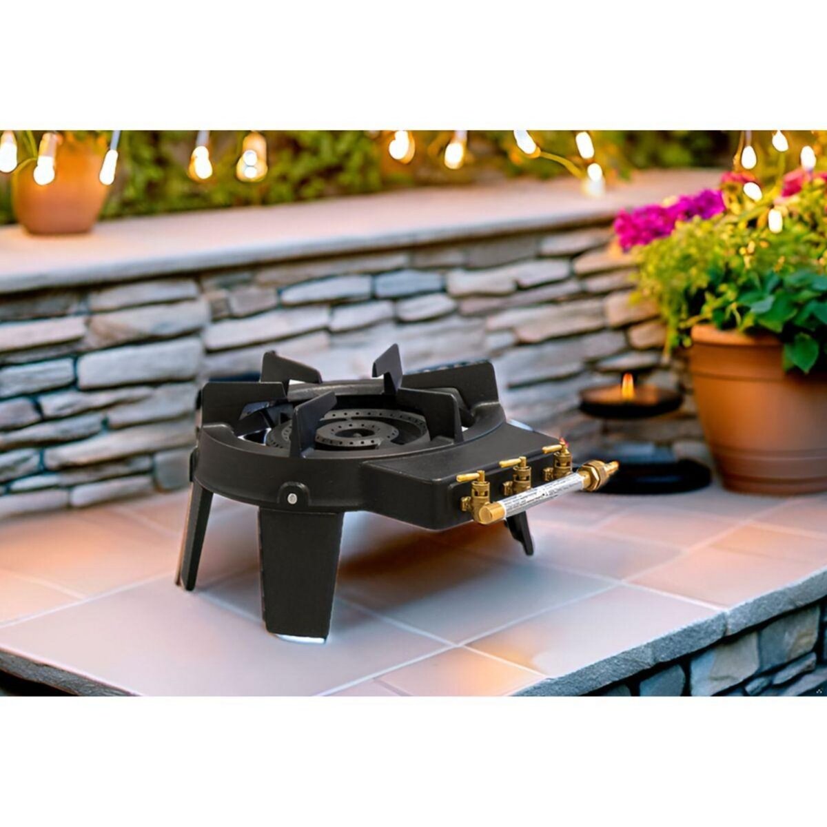 INTEC Rechaud gaz 9,8KW en fonte véritable sur 4 pieds 3 robinets + Tuyau gaz flexible 1.50m INTEC