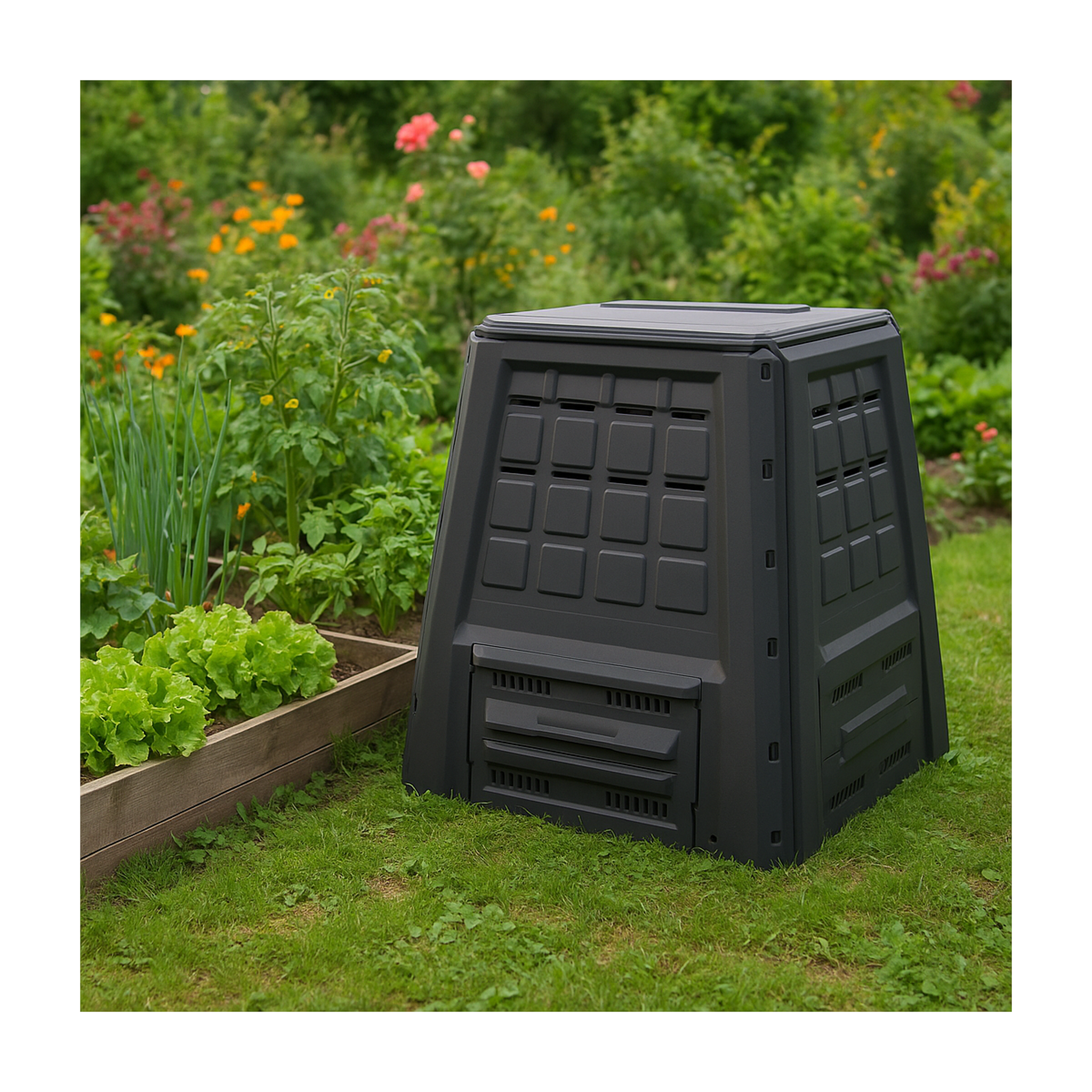 Voir la diapositive 5 : INTEC Composteur de jardin 380l anthracite déchets verts couvercle et trappe d'extraction intec