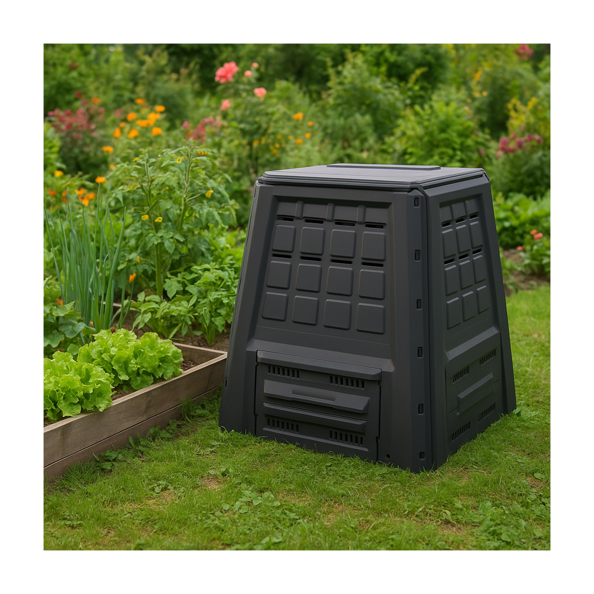 INTEC Composteur de jardin 380L Anthracite Déchets verts Couvercle et trappe d'extraction INTEC