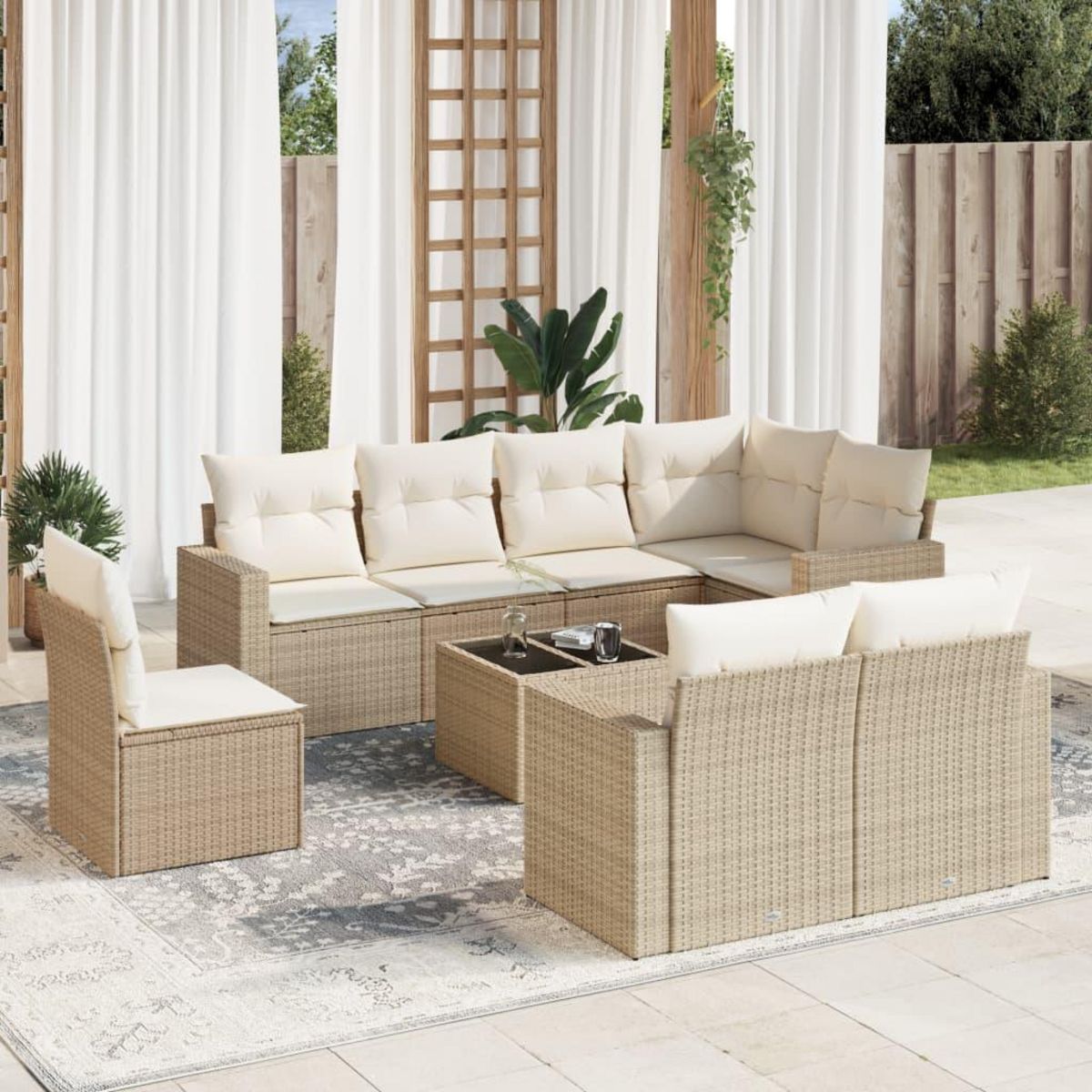 VIDAXL Salon de jardin avec coussins 9 pcs beige resine tressee