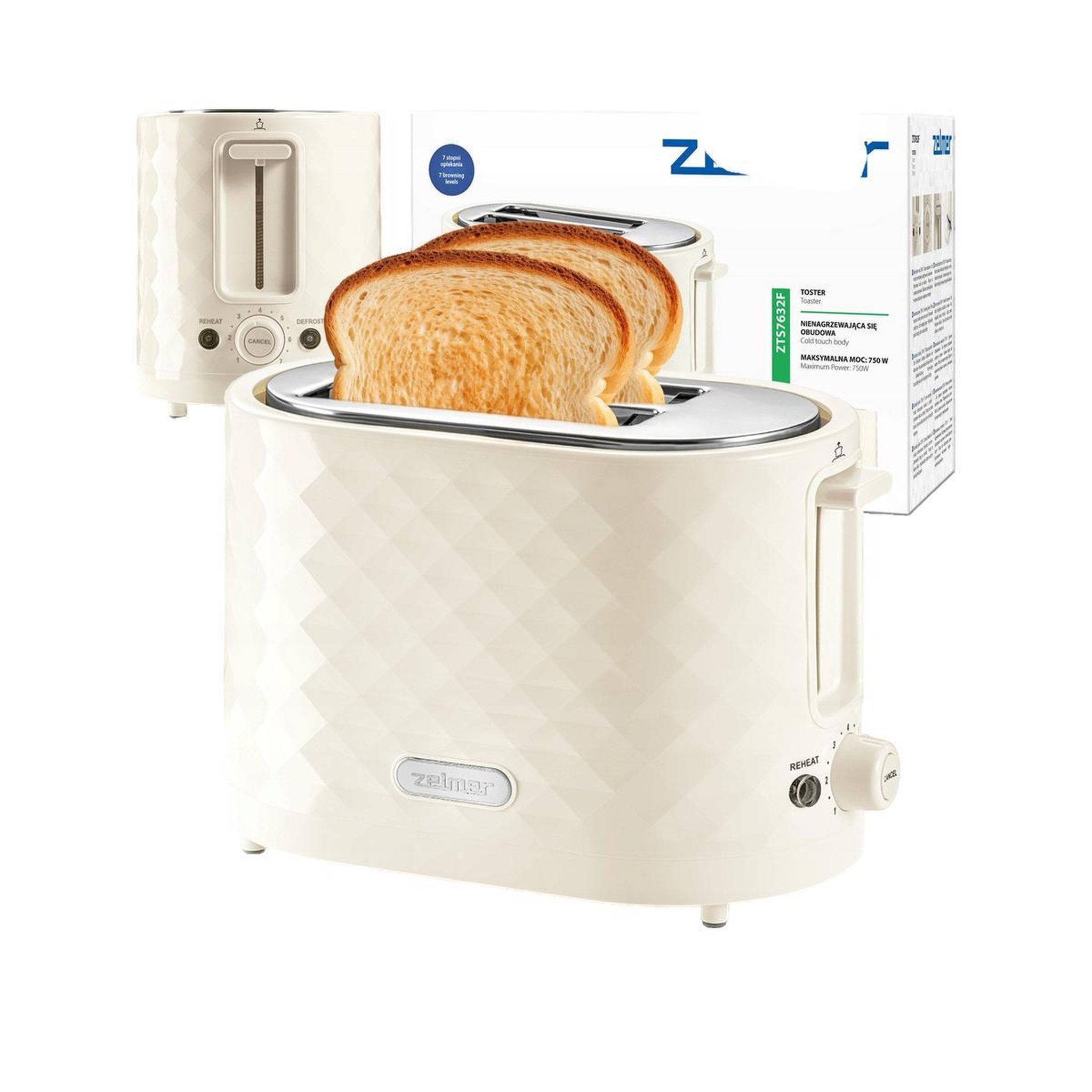 Voir la diapositive 3 : ZELMER Grille-pain Bestron ZTS7632F Fryderyk crème 2 toasts