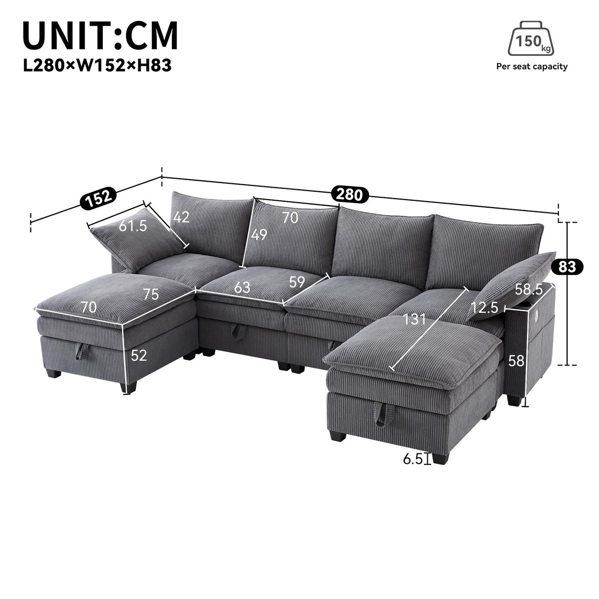 MERAX Canapé d'angle panoramique fixe 6 places tissu coffre de rangement