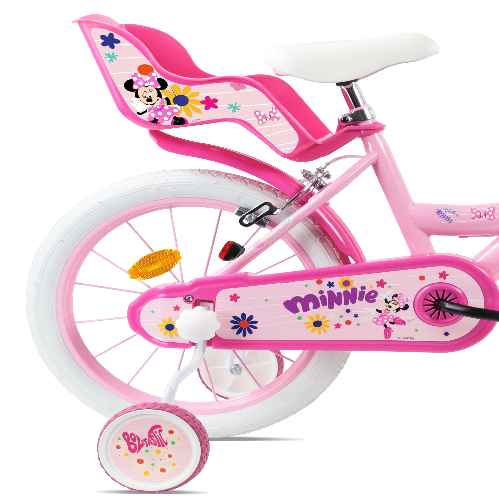 Voir la diapositive 6 : MINNIE Vélo enfant - Modèle fille 16'' - Vélo Minnie de Disney équipé de 2 freins + Porte Poupée - Panier avant et Stabilisateurs.