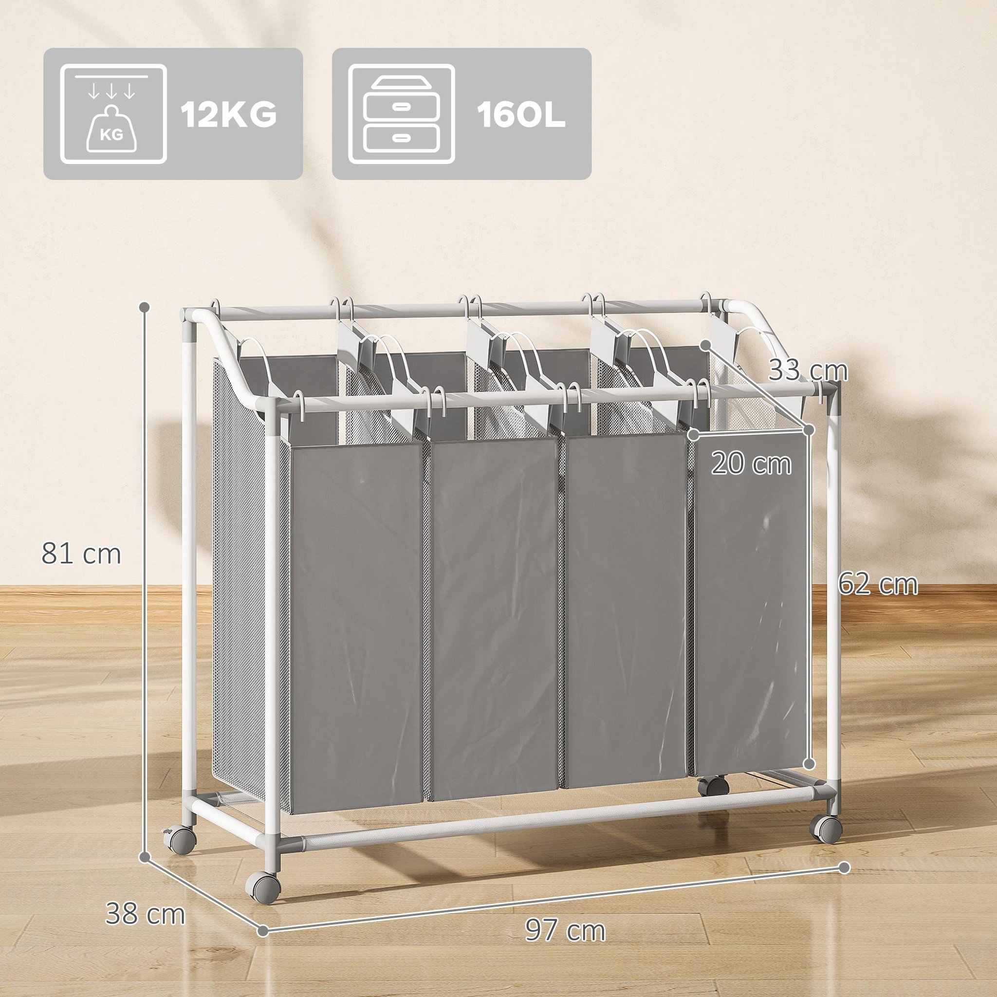 Voir la diapositive 3 : HOMCOM Panier à linge sur roulettes 4 sacs amovible métal tissu oxford gris