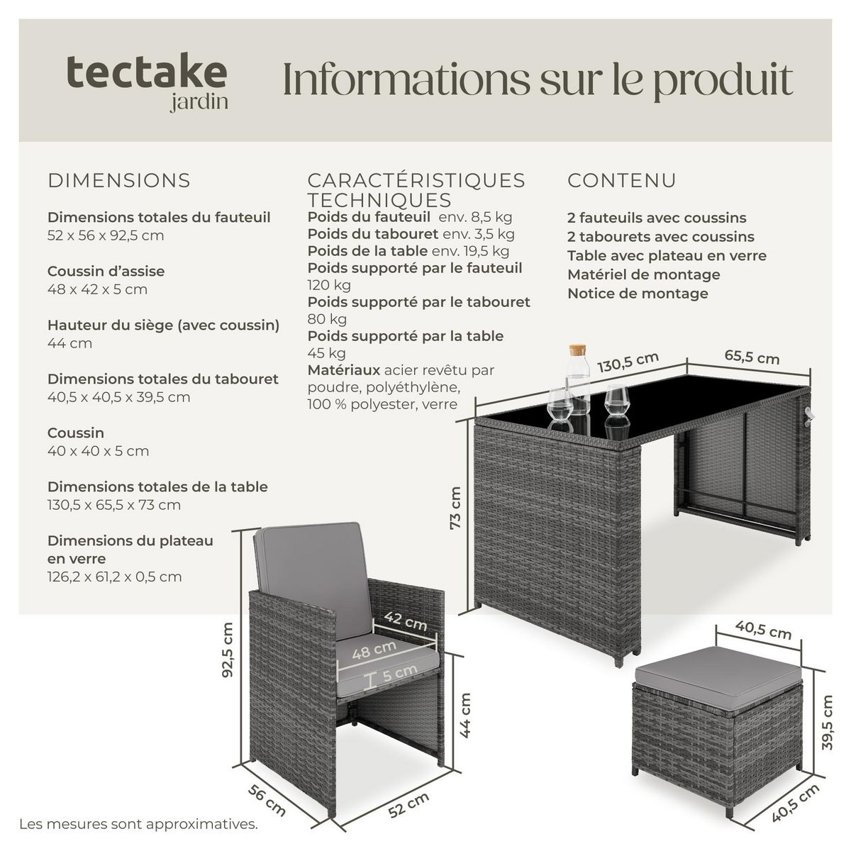 tectake Salon de jardin en résine tressée pour 2 à 4 personnes gris