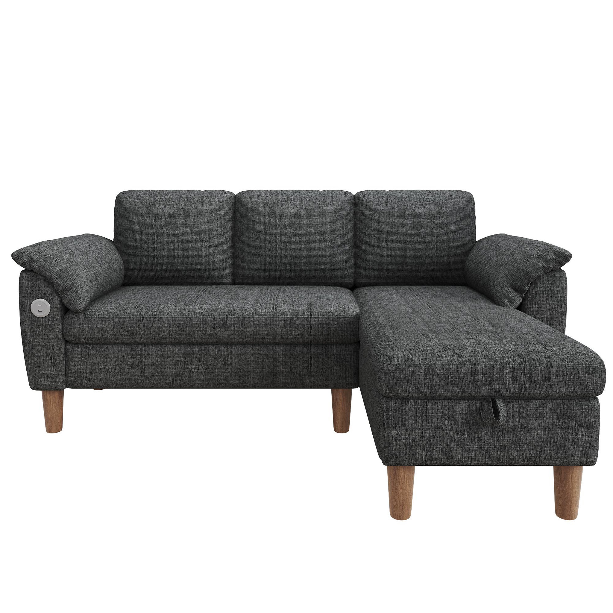 MERAX Canapé d'angle 3 places avec méridienne coffre tissu chenille usb type-c. Coloris disponibles : Gris, Beige, Vert
