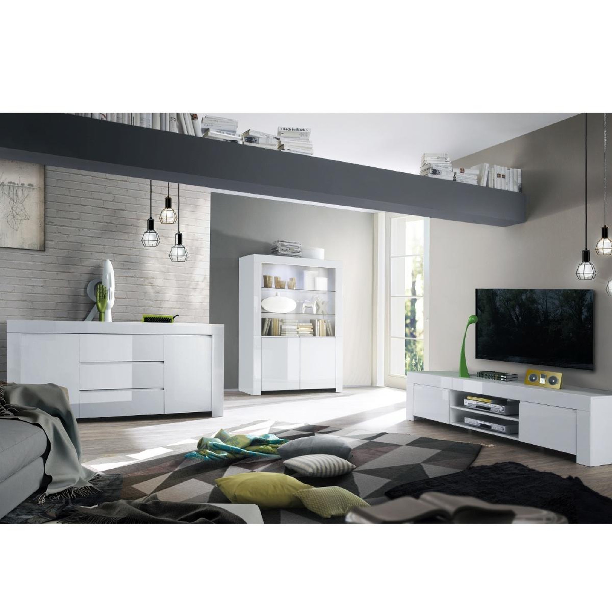 Voir la diapositive 3 : JLC KREATION Buffet design laqué blanc 2 portes-3 tiroirs 190cm APHODITE