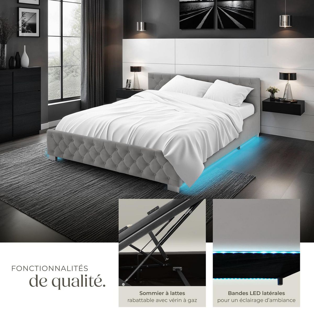 tectake Lit rembourré En aspect velours avec motif matelassé gris foncé 180 x 200 cm