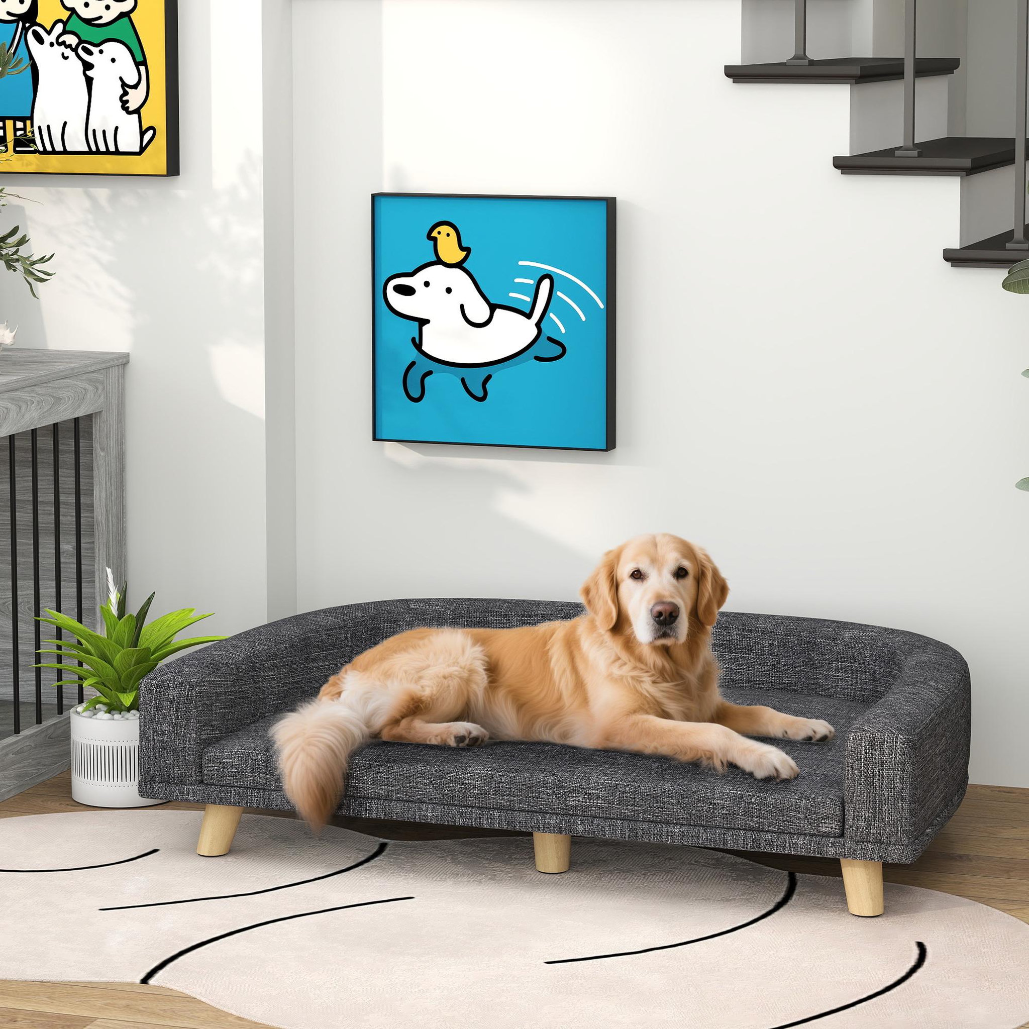 Voir la diapositive 6 : PAWHUT Canapé chien lit pour chien design scandinave coussin déhoussable dim 98l x 67l x 25h cm pieds bois tissu polyester anthracite