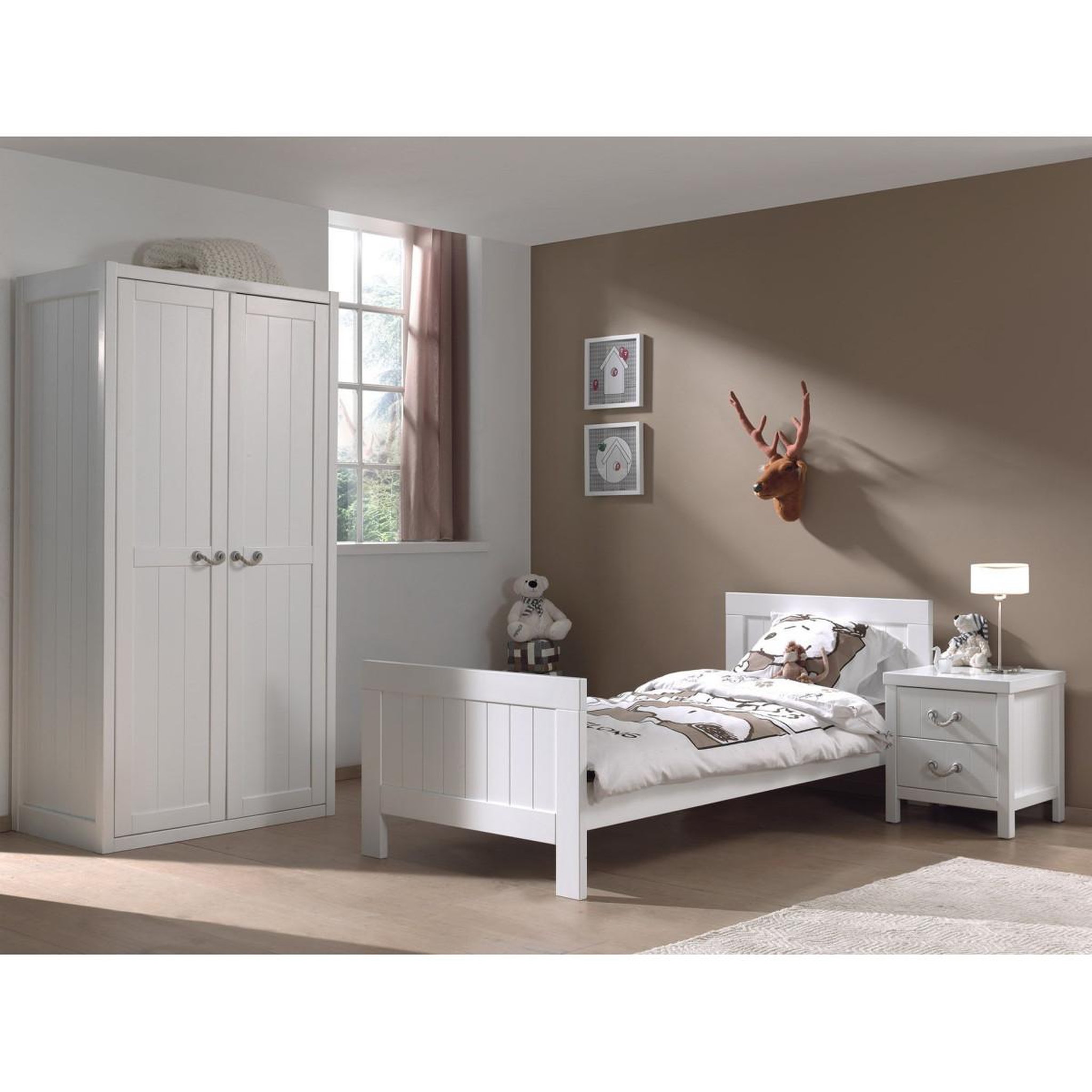 Voir la diapositive 1 : Paris Prix Pack - Lit Enfant, Sommier, Chevet & Armoire  Lewis  90x200cm Blanc