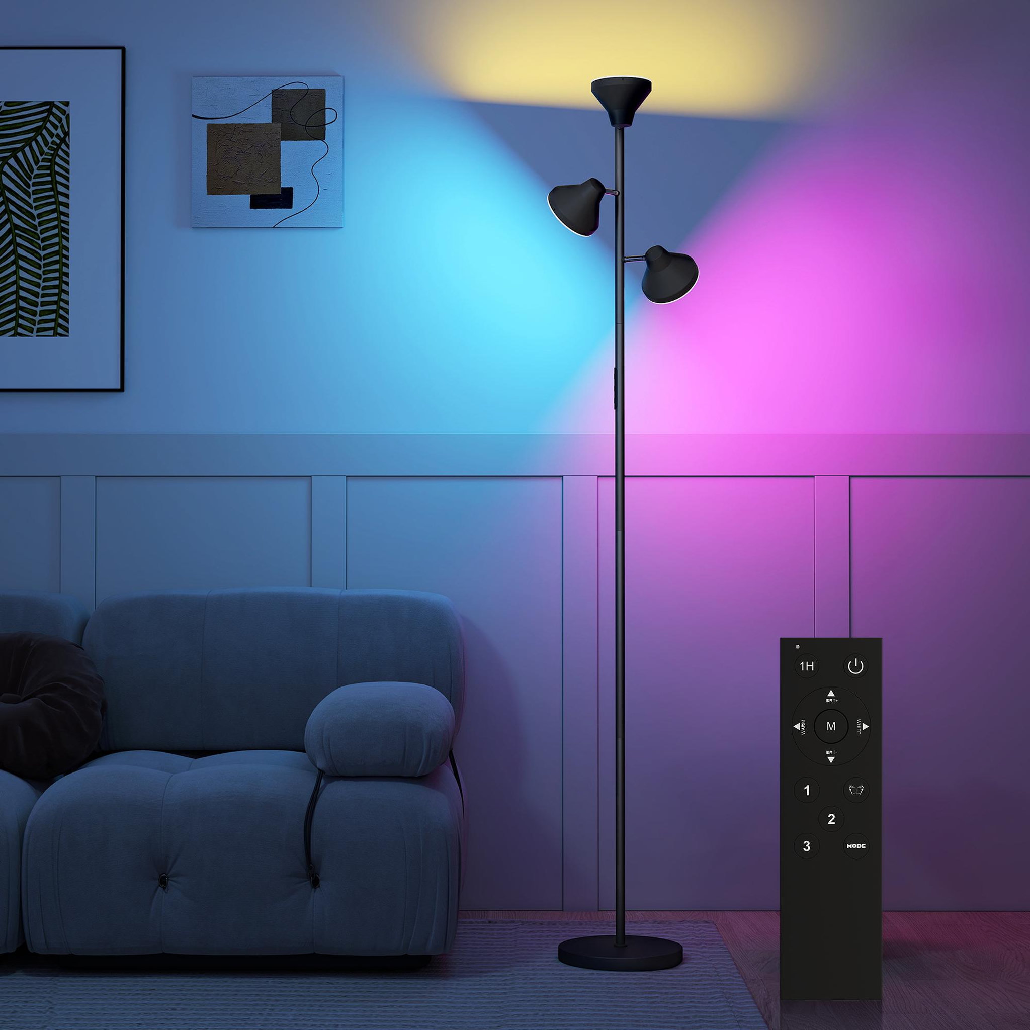 Voir la diapositive 2 : HOMCOM Lampadaire LED RGB 36W 3 têtes rotatives 2700K-6000K 4150 lm intensité variable télécommande