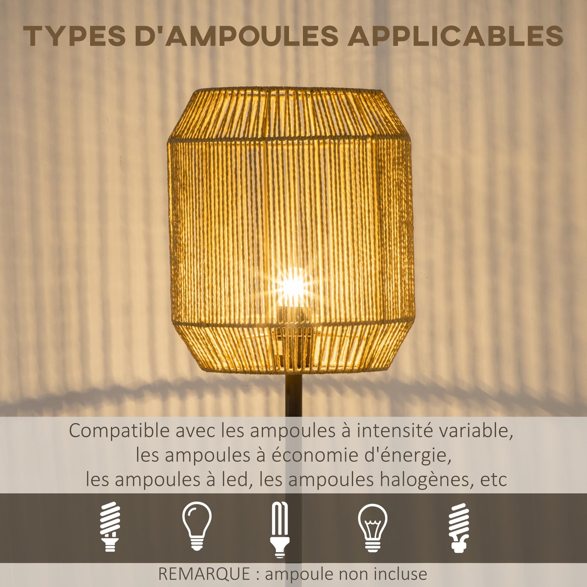 Voir la diapositive 6 : HOMCOM Lampadaire aspect cannage style cosy 40 w max. H.158 cm piètement mât métal noir abat-jour corde papier tressé main