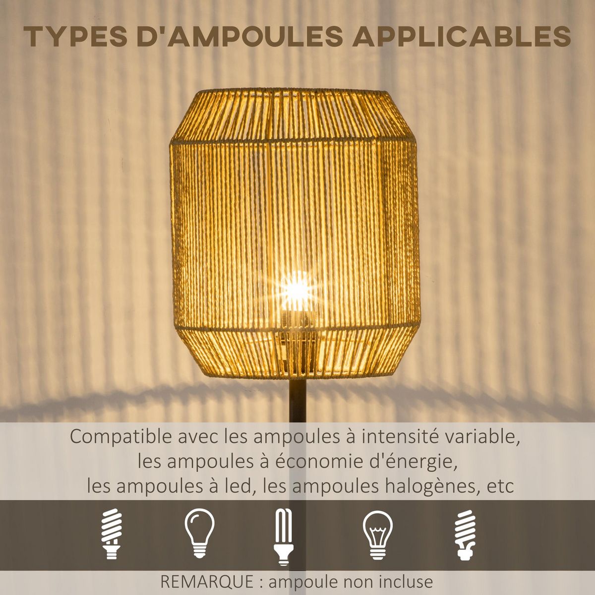 HOMCOM Lampadaire aspect cannage style cosy 40 W max. H.158 cm piètement mât métal noir abat-jour corde papier tressé main