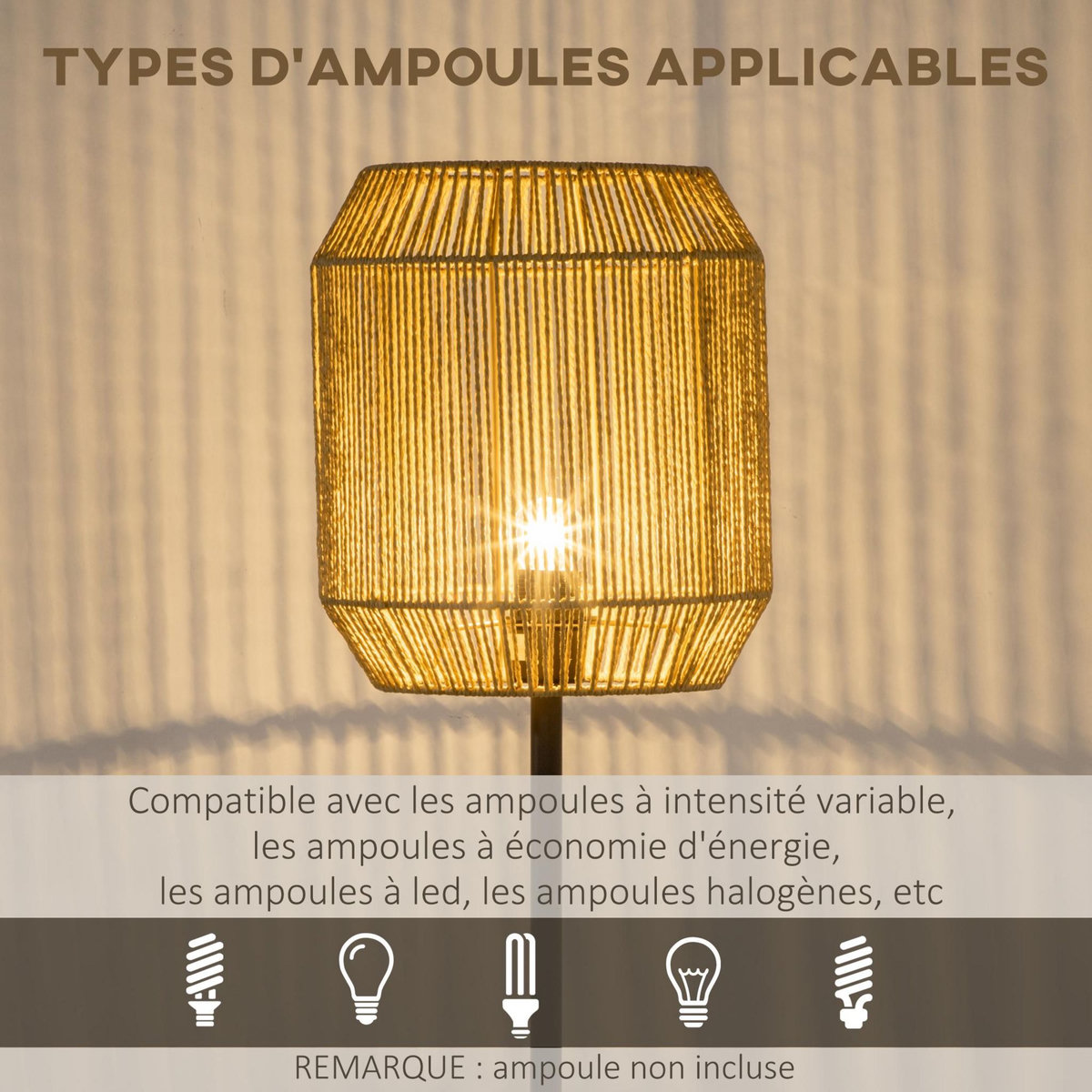HOMCOM Lampadaire aspect cannage style cosy 40 W max. H.158 cm piètement mât métal noir abat-jour corde papier tressé main