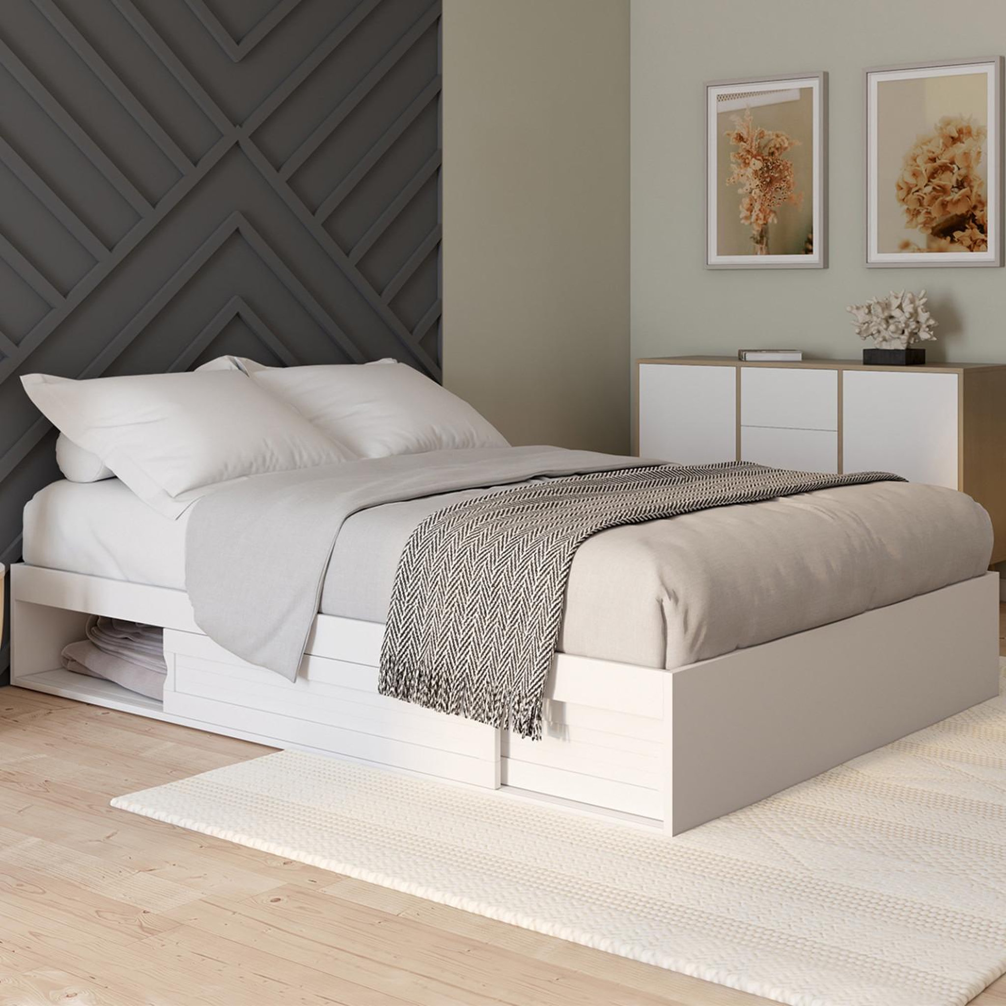 Voir la diapositive 2 : ID MARKET Cadre de lit double salem avec rangements et sommier 160 x 200 cm blanc