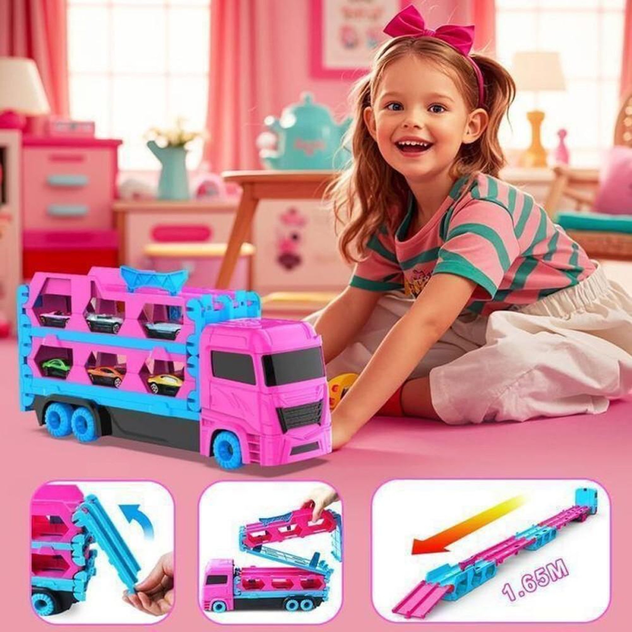 Voir la diapositive 2 : Camion transporteur de voitures enfant avec piste et 6 mini voitures, jeu sans piles à retour automatique, couleurs rose et bleu, poignée de transport, dès 3 ans