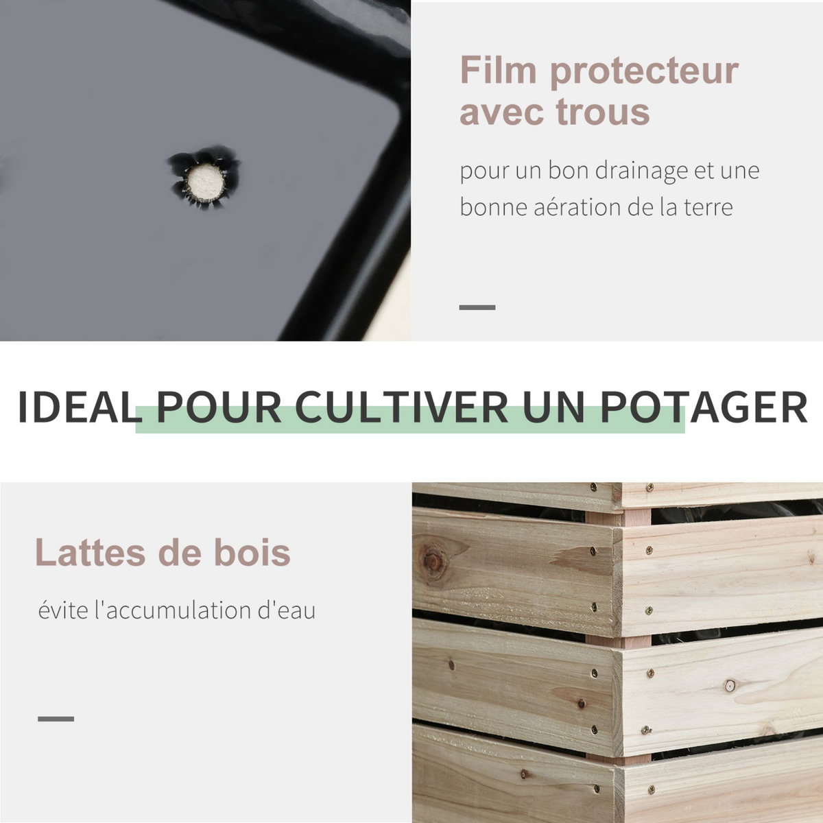 OUTSUNNY Jardinières sur pieds carrés potagers - lot de 4 jardinières sur pied modulables - dim. 50L x 30l x 60H cm - inserts d'irrigation film protecteur - bois sapin naturel