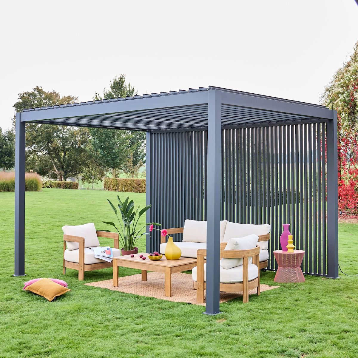 SWEEEK Pergola bioclimatique. aluminium. 3x4m. lames orientables + persienne verticale 130cm anthracite