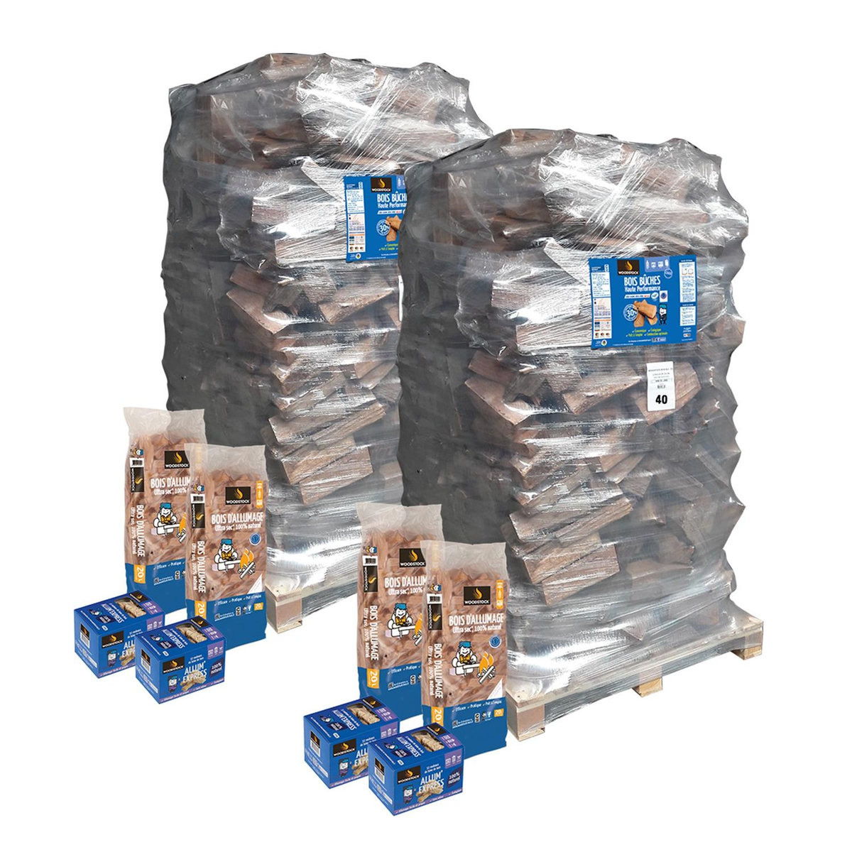 WOODSTOCK Bois de chauffage haute performance, lot de 2 ballots de 2 000 dm3 - bûches de 40cm + allumage offerts