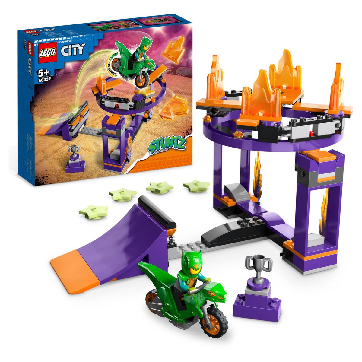 LEGO City 60359 - Le défi de cascade : le tremplin, Jouet 2-en-1 avec Moto Dinosaure et Cascadeur, Cadeau Anniversaire Enfants