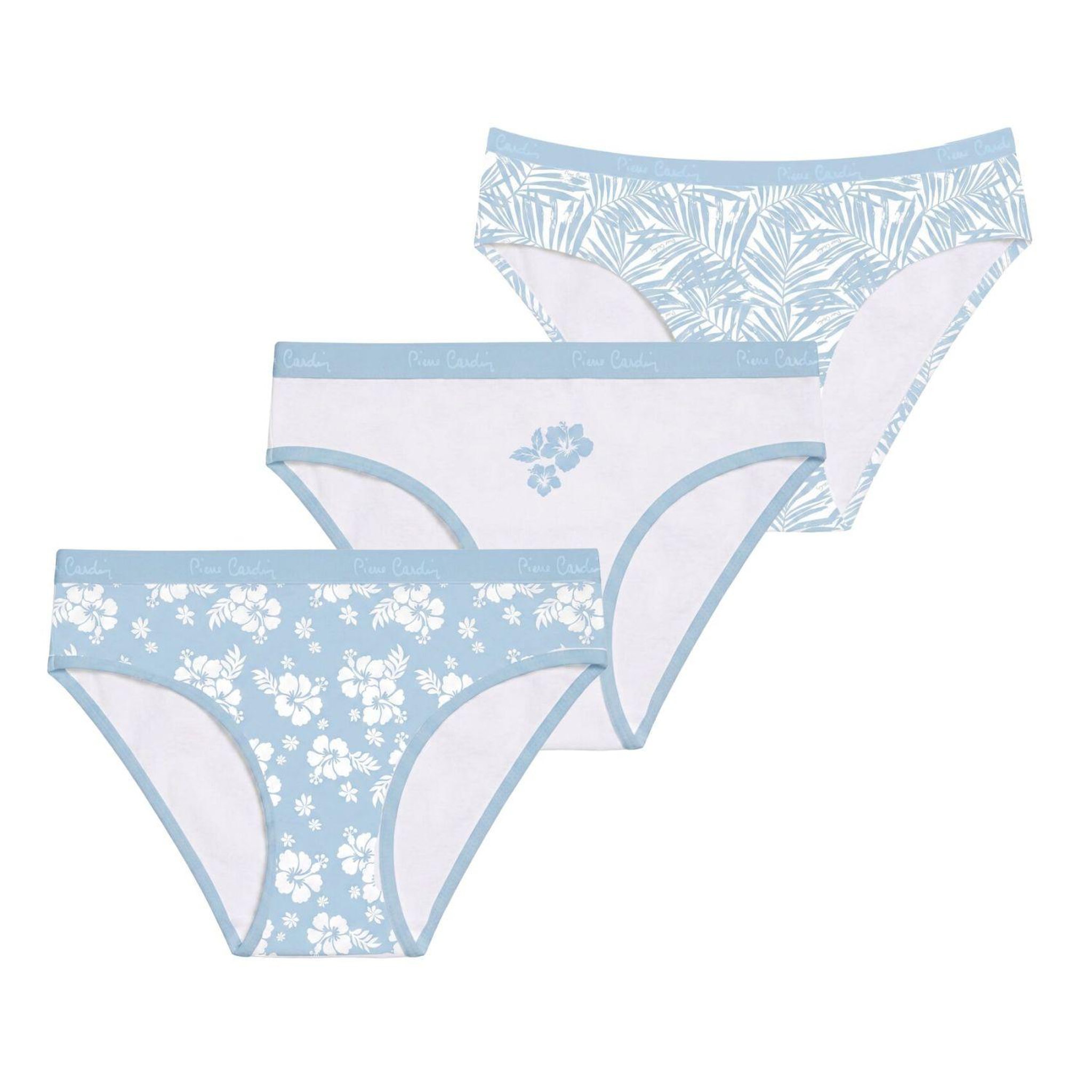 PIERRE CARDIN Lot de 3 slips femme  en coton uni et imprimé ceinture fine 2cm pck1. Coloris disponibles : Bleu