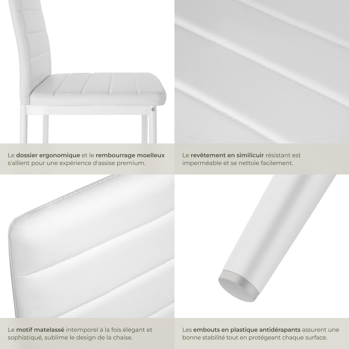 tectake Ensemble de chaises de salle à manger rembourrées avec revêtement aspect cuir blanc Lot de 4