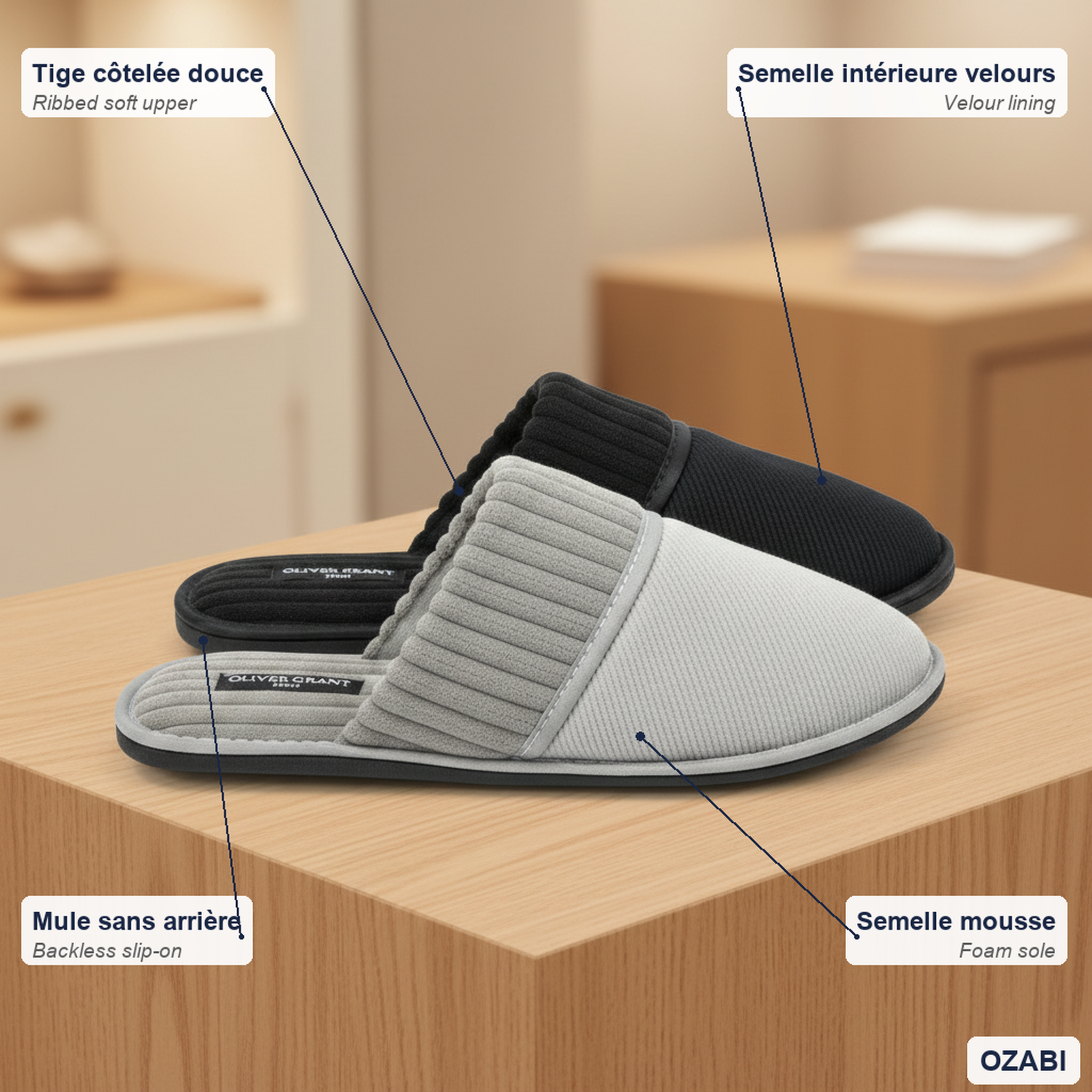 Voir la diapositive 5 : OZABI Oliver grant paris pantoufles mules homme côtelées pack 2 paires