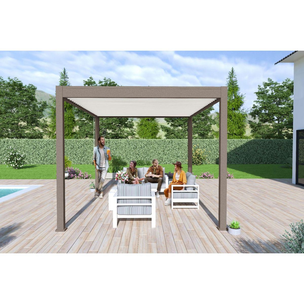 Pergola Bioclimatique autoportée 3x4 m - Aluminium - Taupe/blanc -  VS OmBREA®