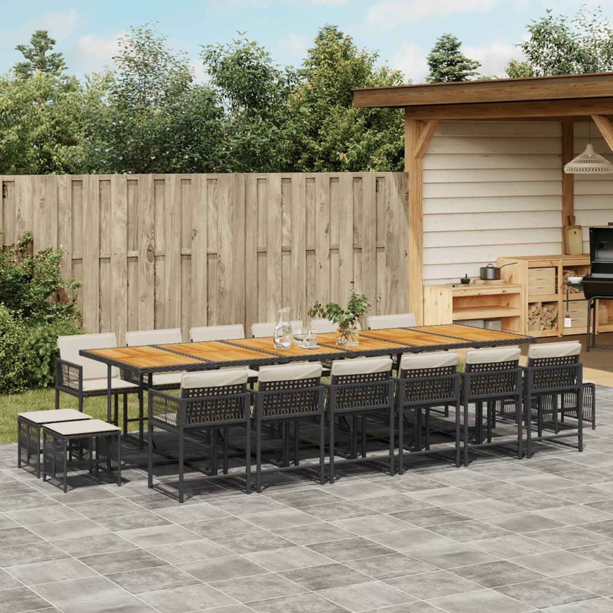 VIDAXL Ensemble a manger de jardin 17 pcs coussins noir resine tressee