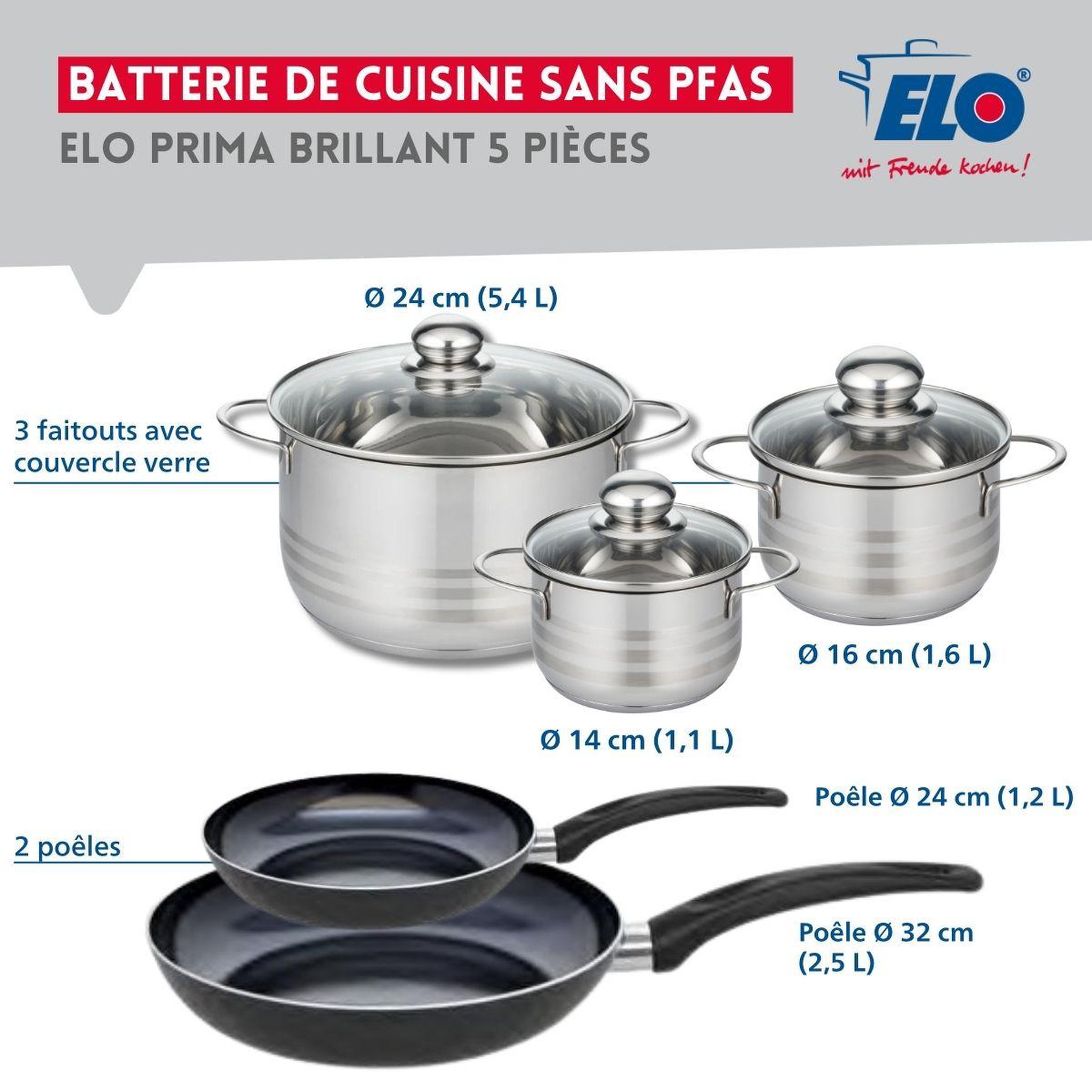 Voir la diapositive 2 : ELO Ensemble de 2 poêles de cuisson 24 et 32 cm et 3 faitouts 14, 16 et 24 cm elo prima brillant