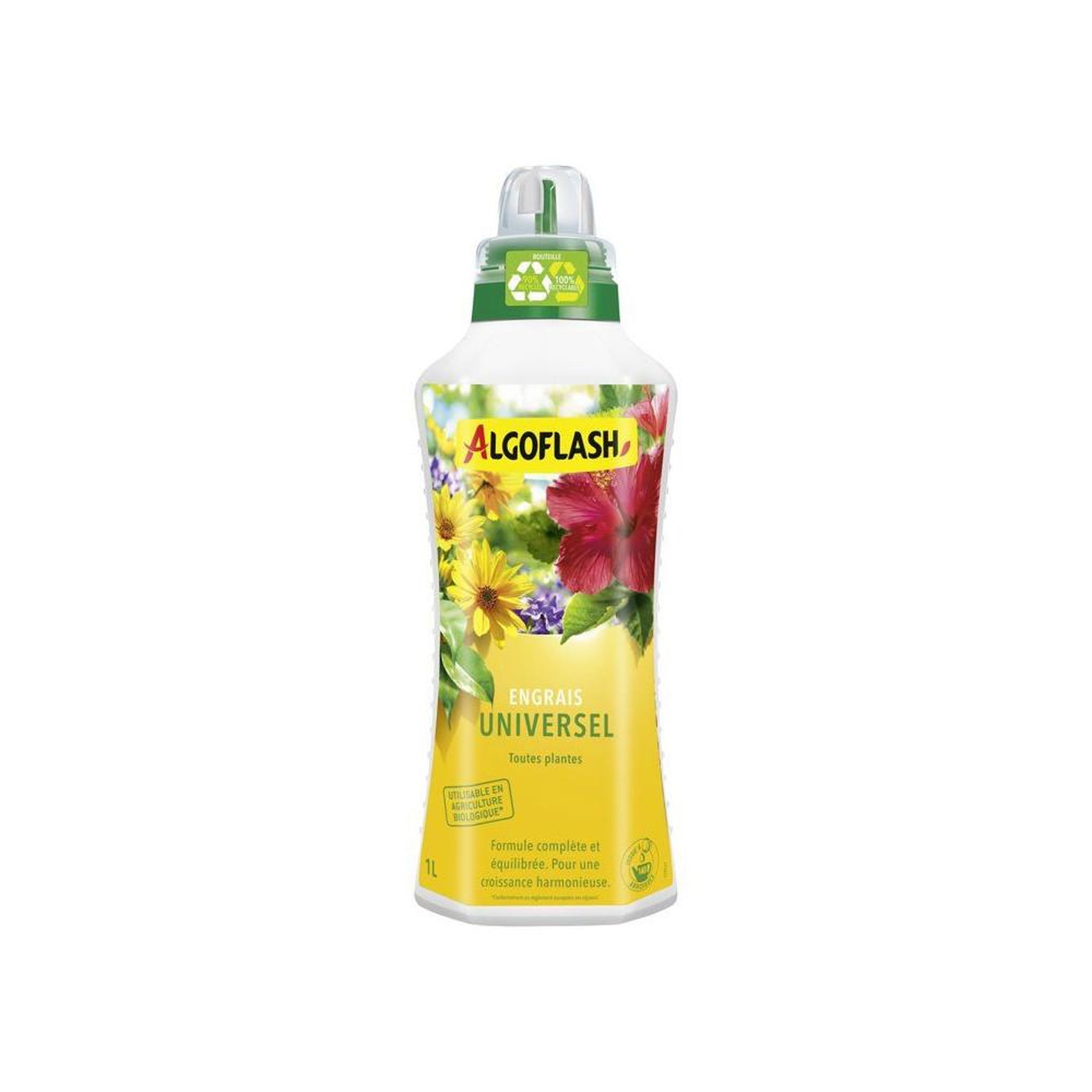 ALGOFLASH Algoflash engrais liquide universel toutes plantes en bouteille 1 l, mécanisme de dosage et fermeture