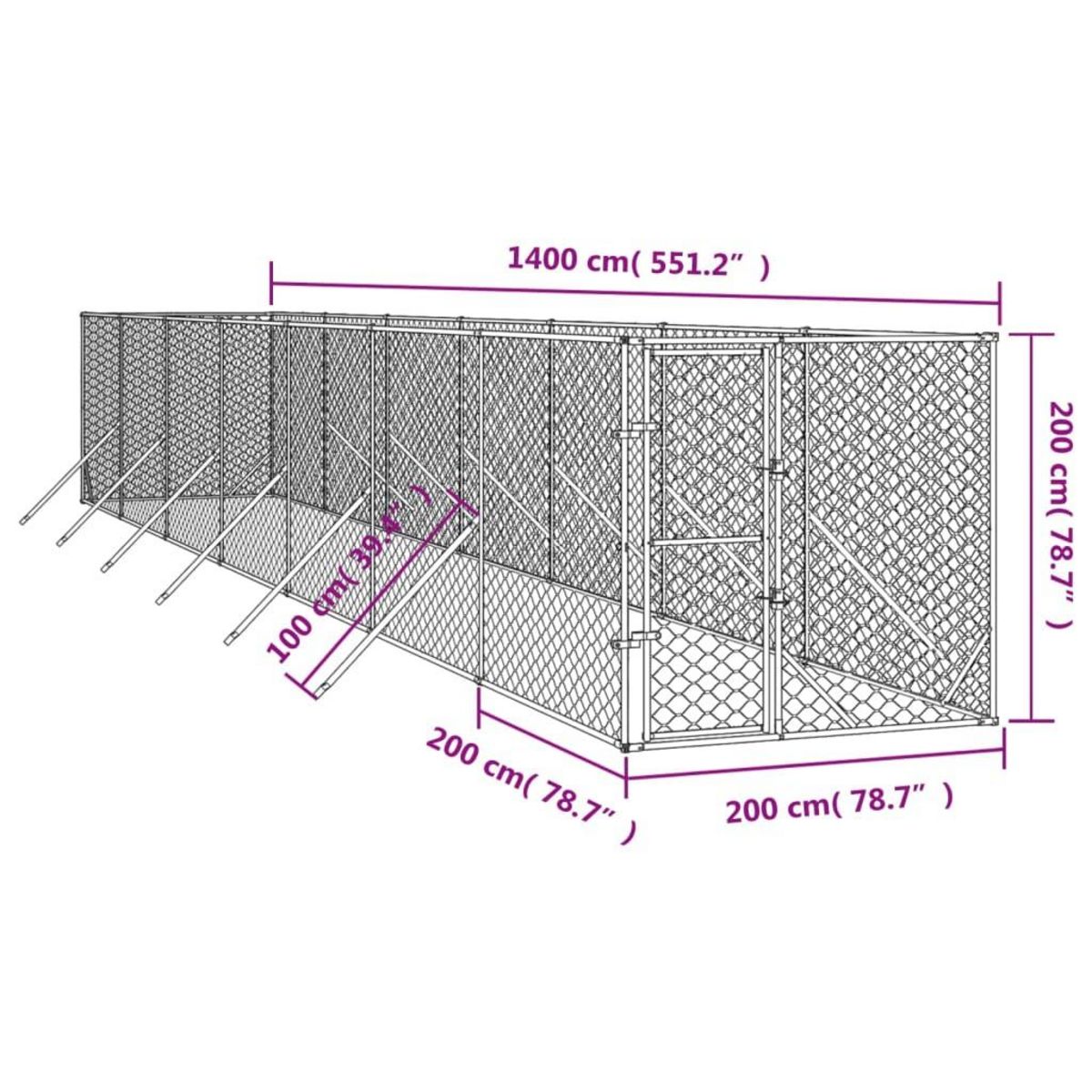 VIDAXL Chenil d'exterieur pour chiens argente 2x14x2 m acier galvanise