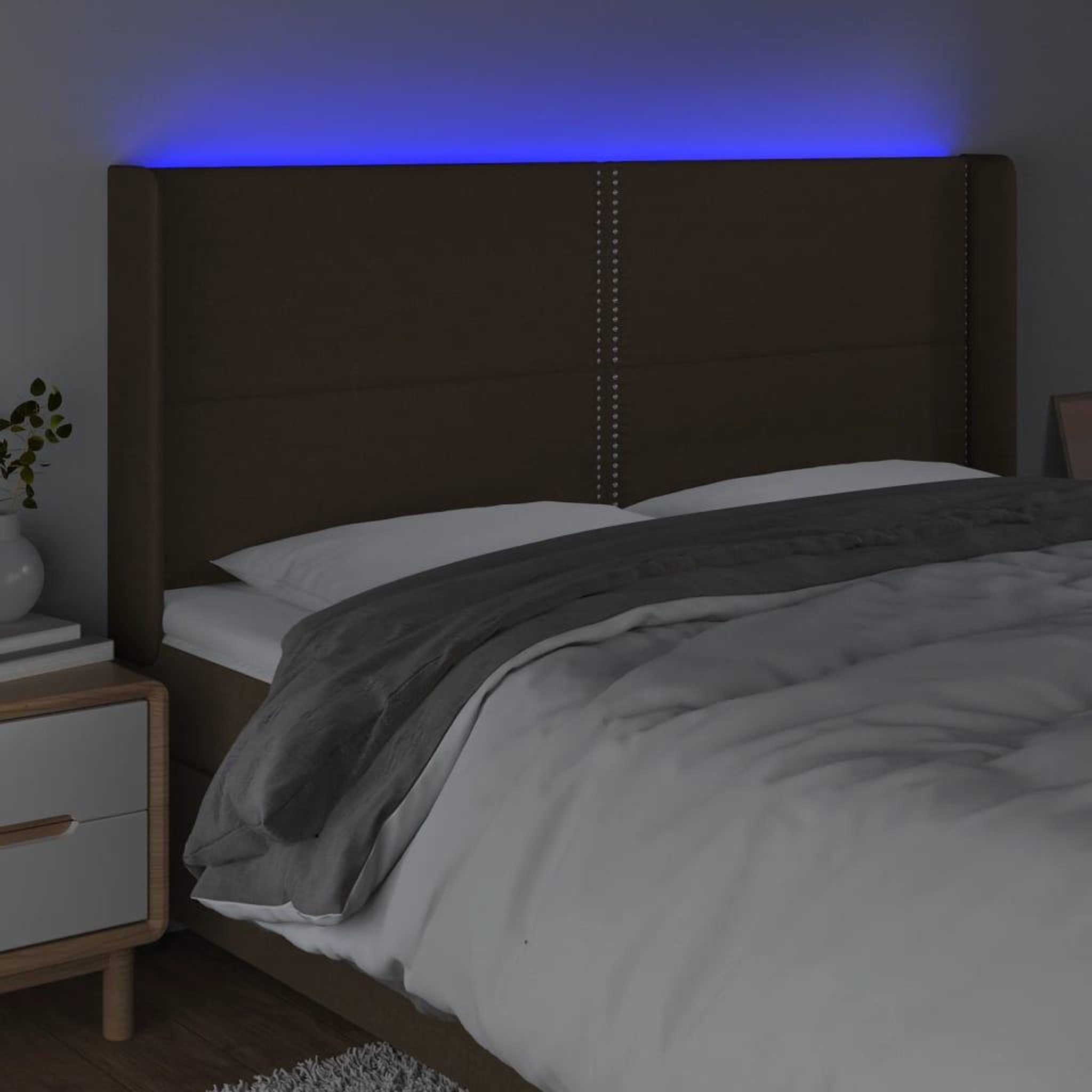Voir la diapositive 4 : VIDAXL Tete de lit a LED Marron fonce 183x16x118/128 cm Tissu