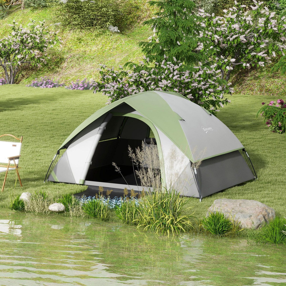 OUTSUNNY Tente de camping 2 personnes dôme étanchéité 3000 mm tapis de sol sac transport vert gris