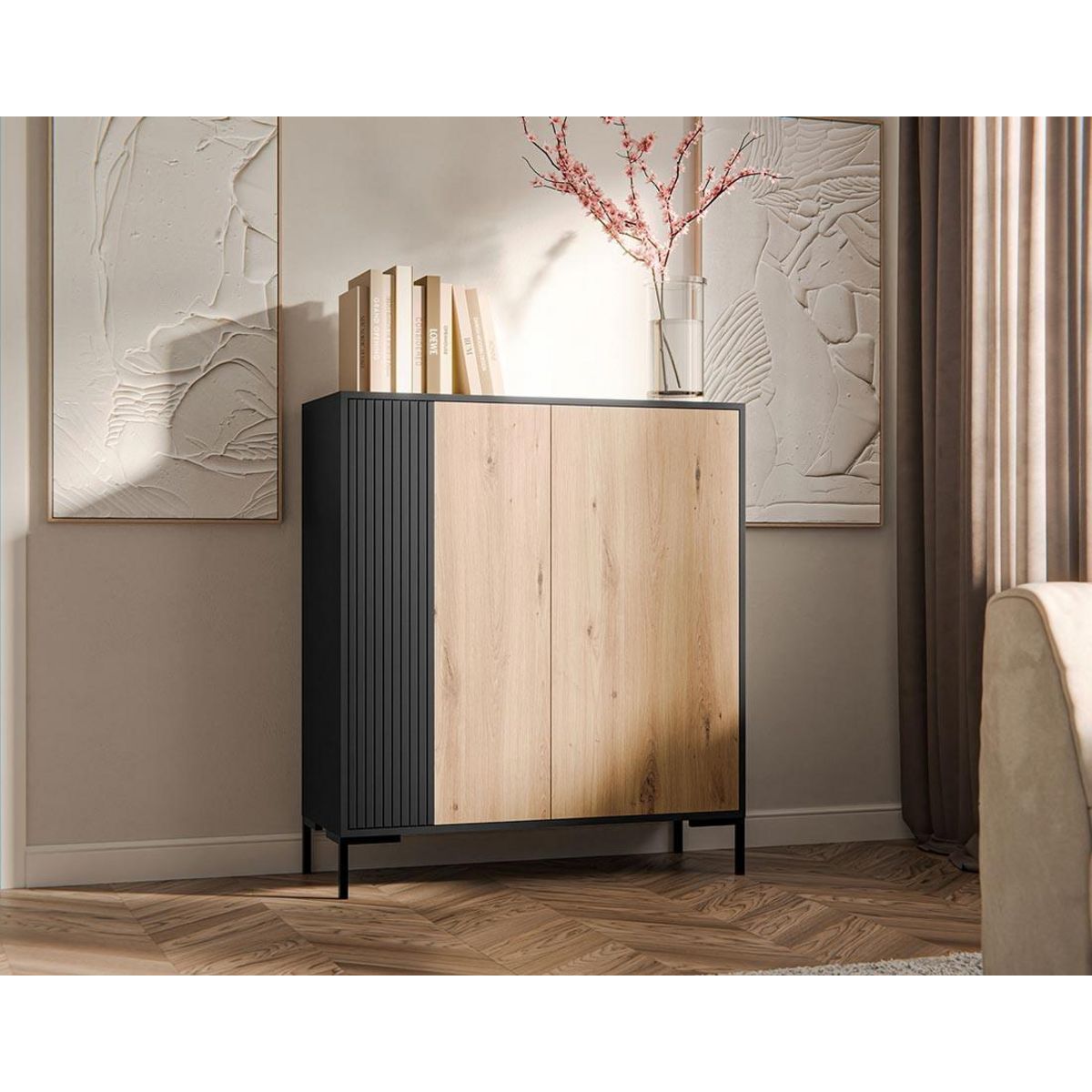 BEST MOBILIER Cambridge - buffet haut - effet bois et noir - 129 cm
