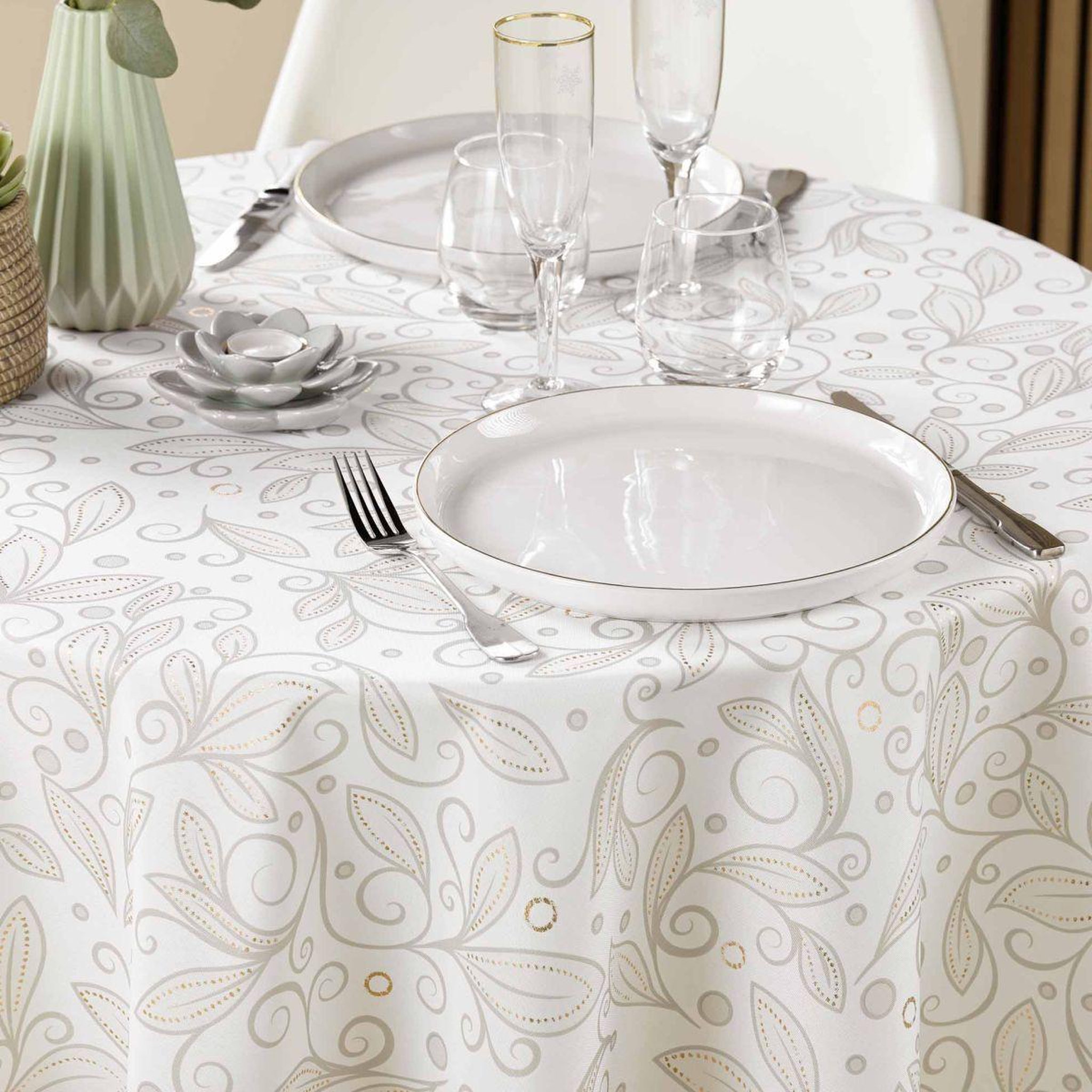 Voir la diapositive 2 : Douceur d'Intérieur Nappe ronde antitache imprimé  leya  180cm naturel