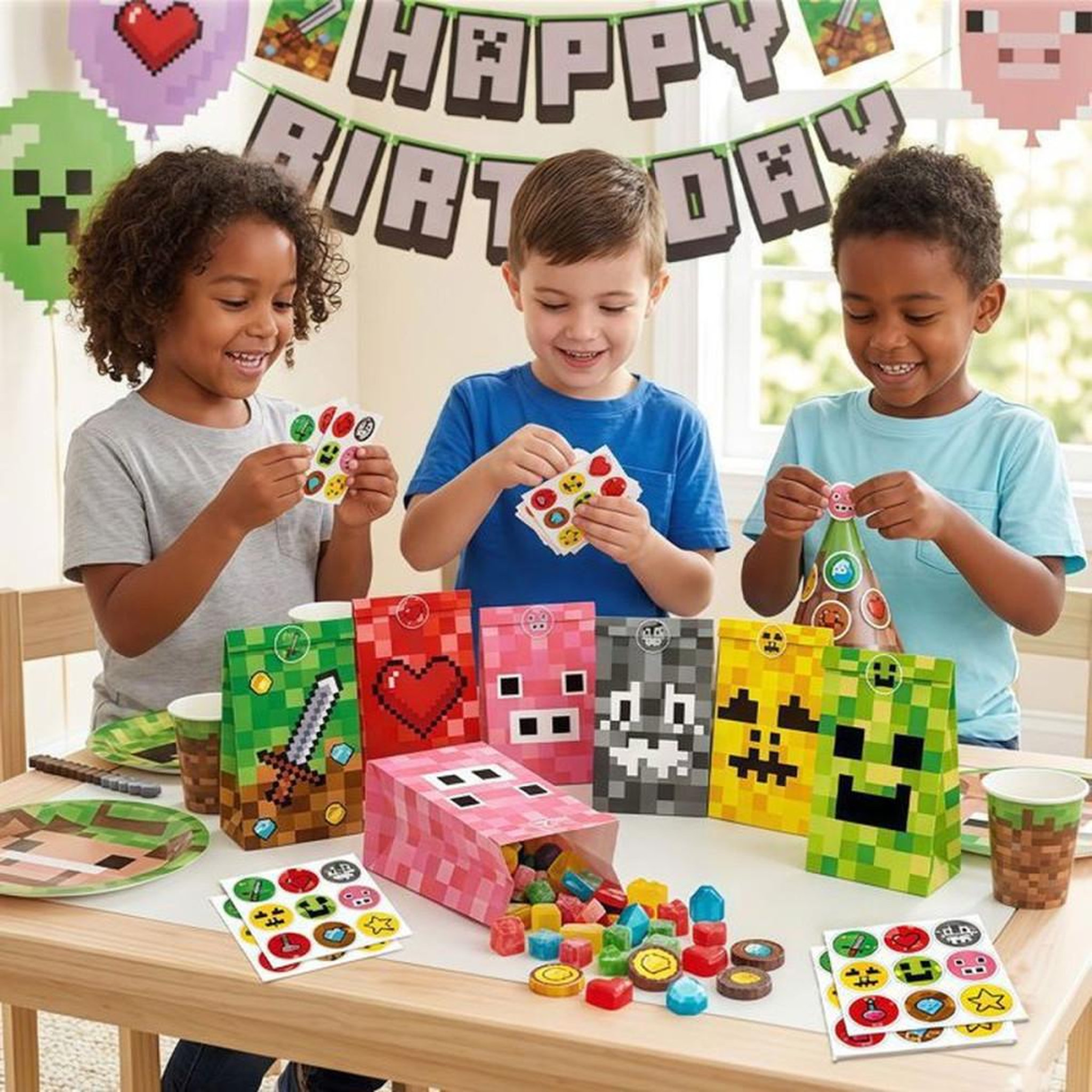 Voir la diapositive 3 : Sacs cadeaux Minecraft avec poignées, lot de 30, 4 motifs pixelisés et 18 autocollants ronds